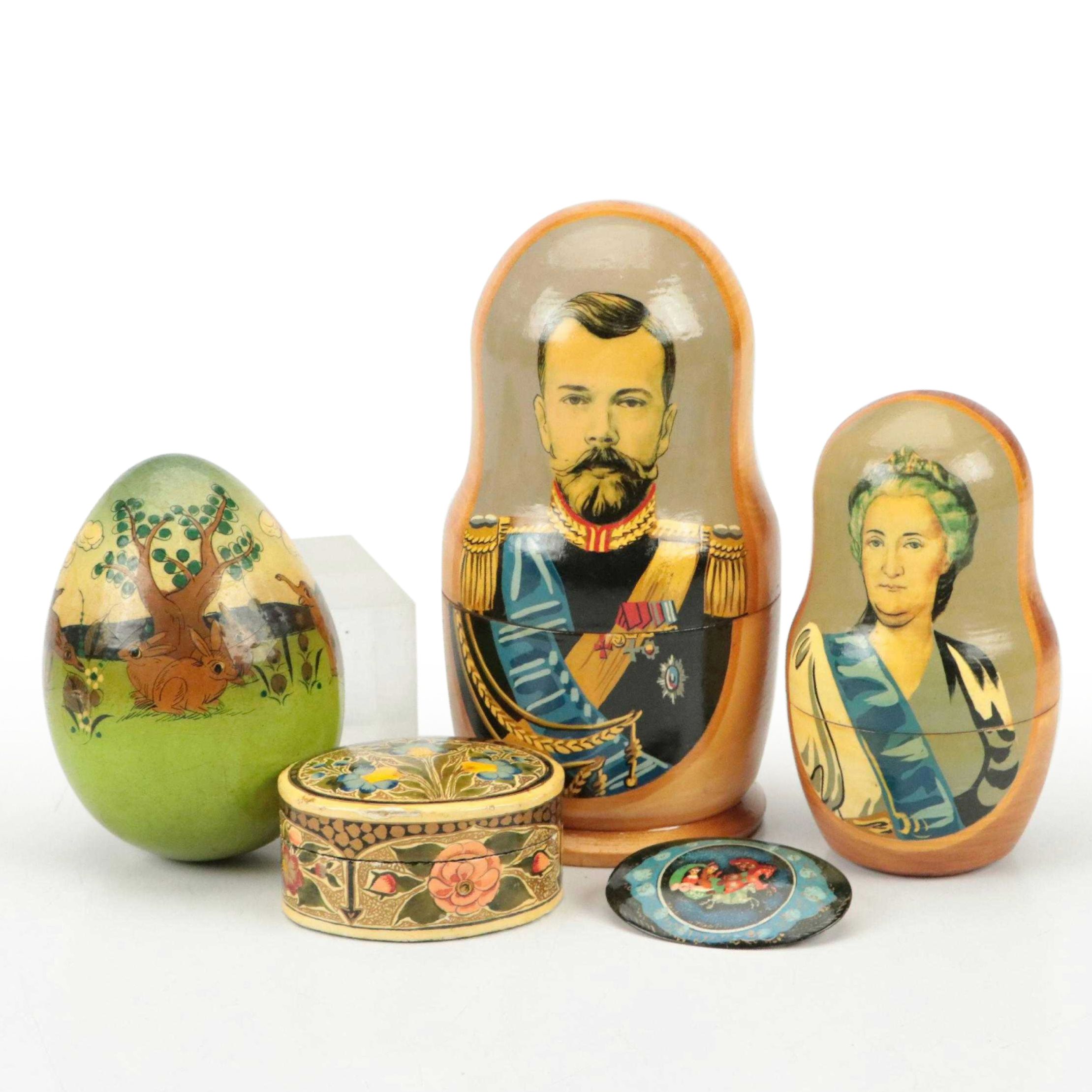 Hand-Painted Nesting Dolls with Lacquered Box and Pin, Mid to Late 20th Century