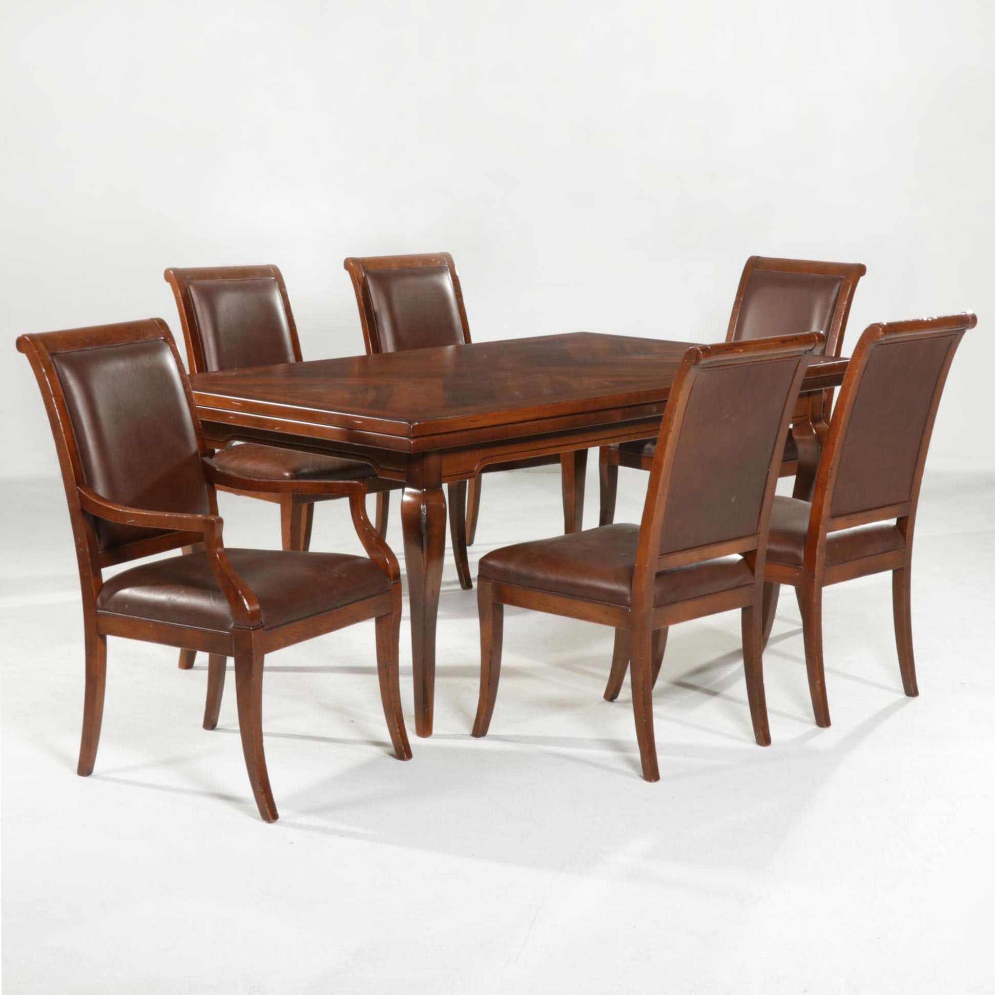 Arhaus Italian Walnut Draw-Leaf Dining Table and Leather-Upholstered Chairs