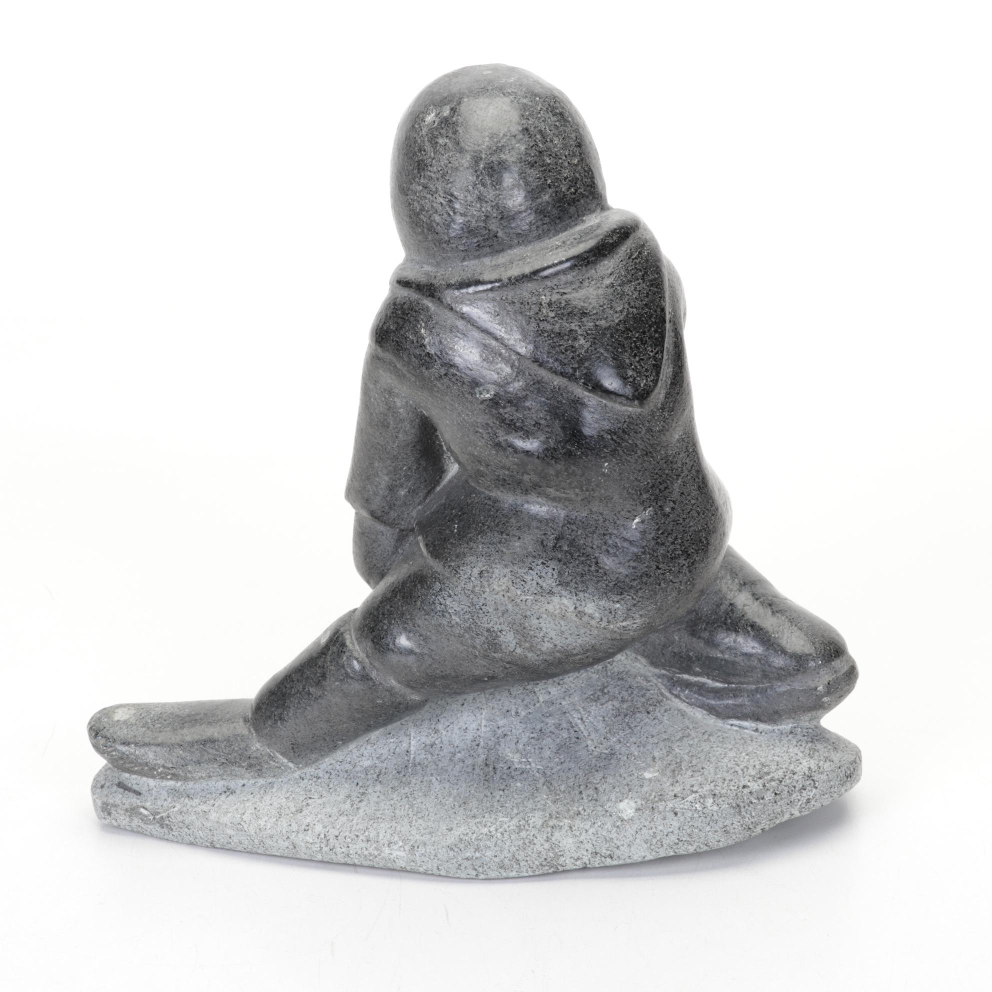 Canadian Inuit Hand-Carved Soapstone Hunter Figurine, Mid to Late 20th Century