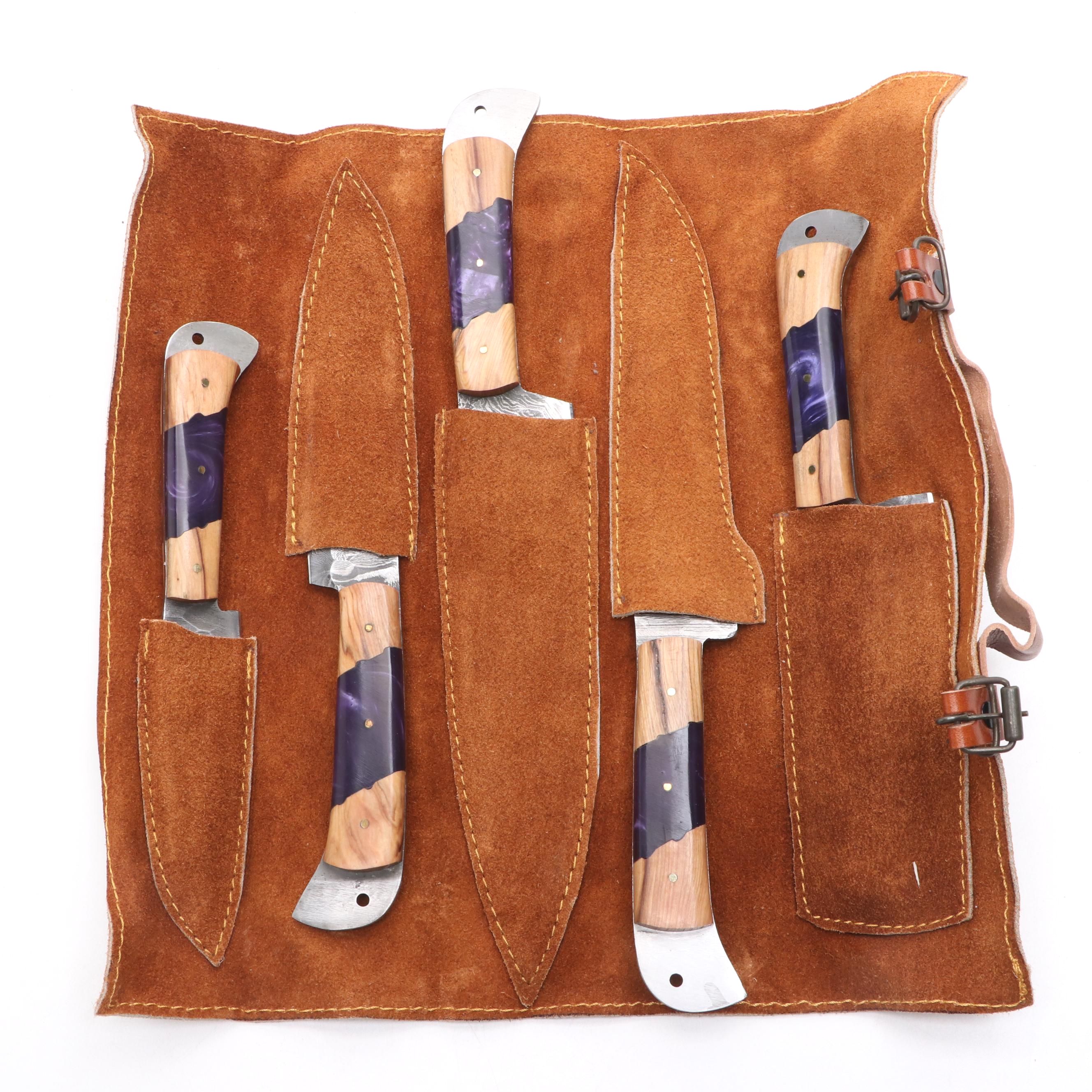Damascus Steel Knife Set with Leather Knife Roll