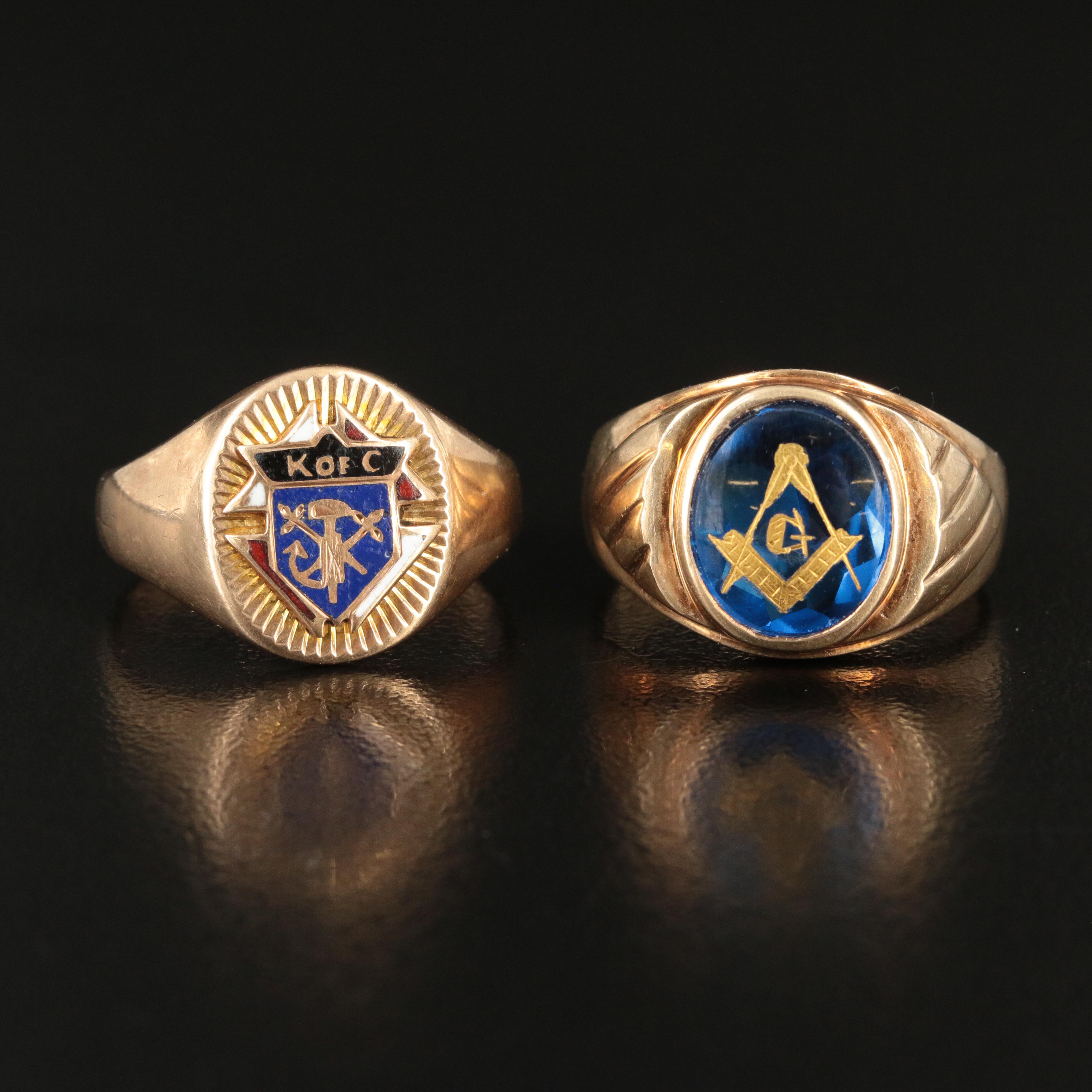 10K Knights of Columbus and Mason Rings with Enamel and Spinel
