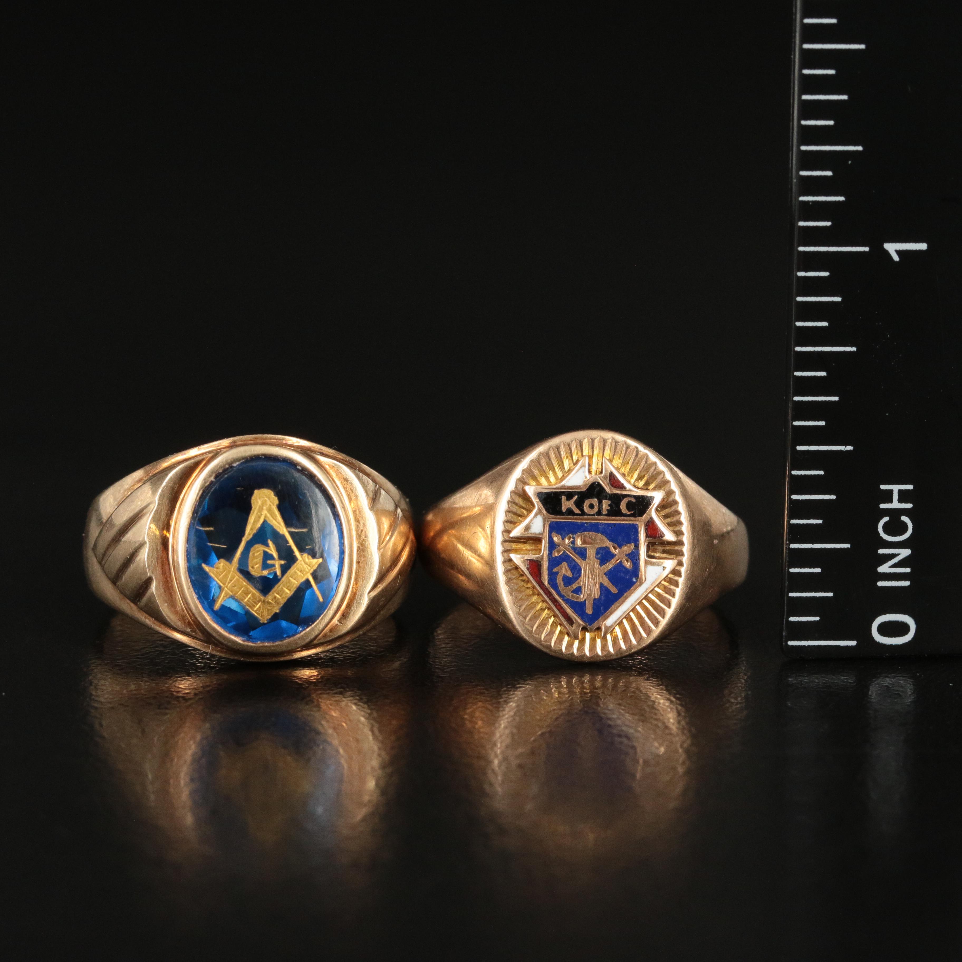 10K Knights of Columbus and Mason Rings with Enamel and Spinel