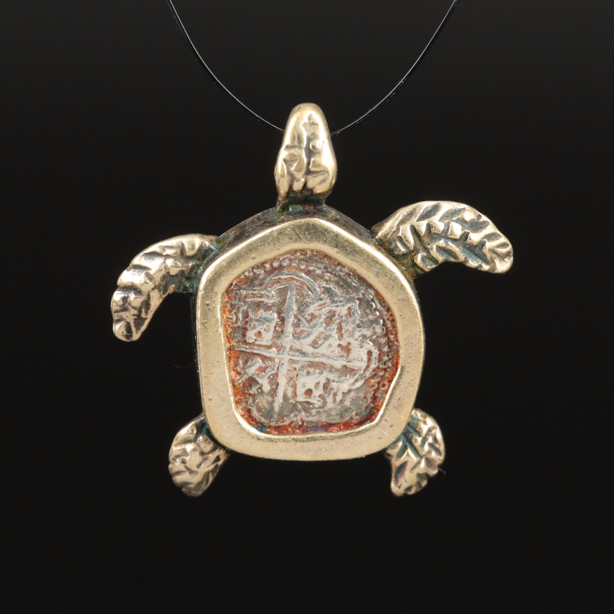 Sterling Sea Turtle Pendant Frame with Spanish Colonial Silver Cob Coin