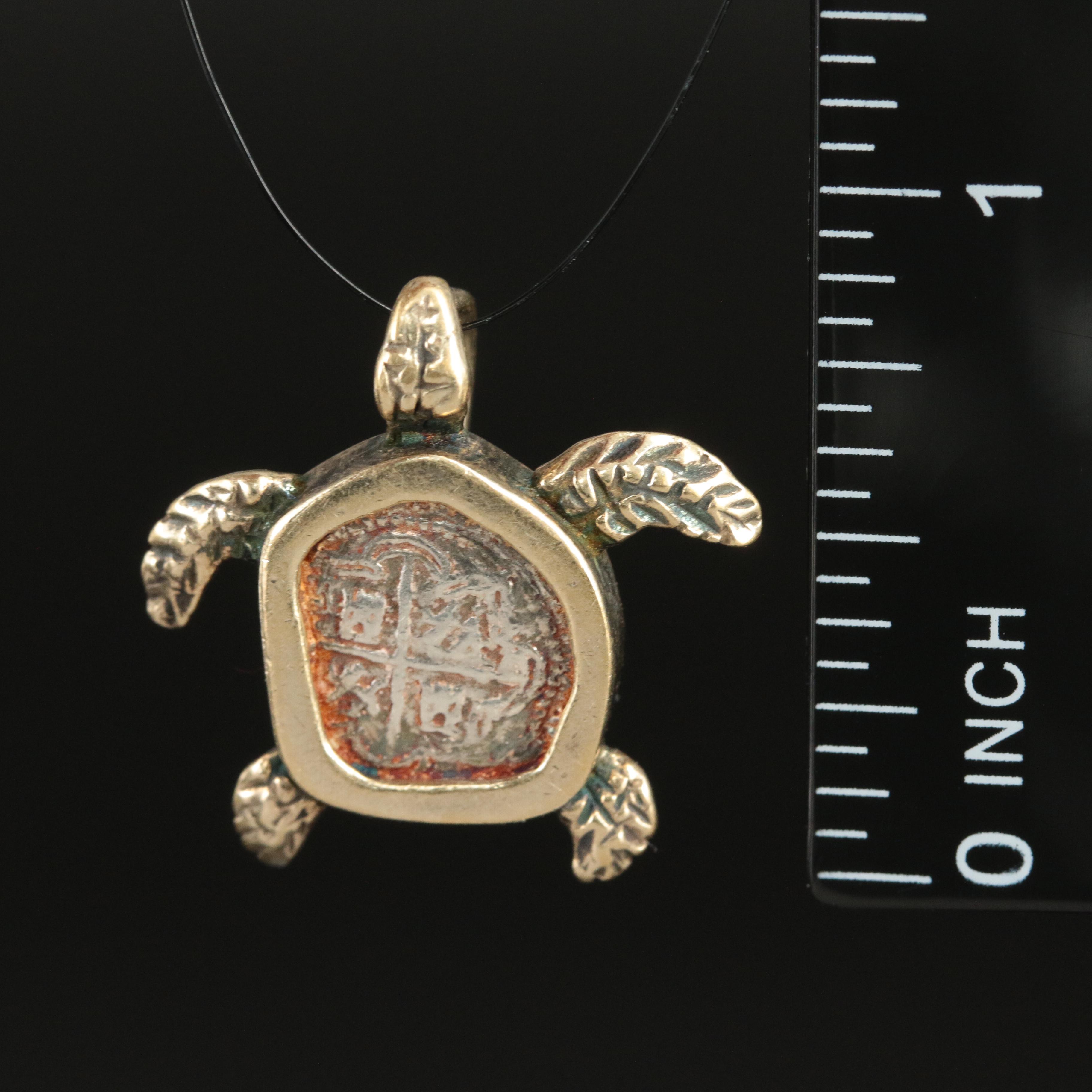 Sterling Sea Turtle Pendant Frame with Spanish Colonial Silver Cob Coin
