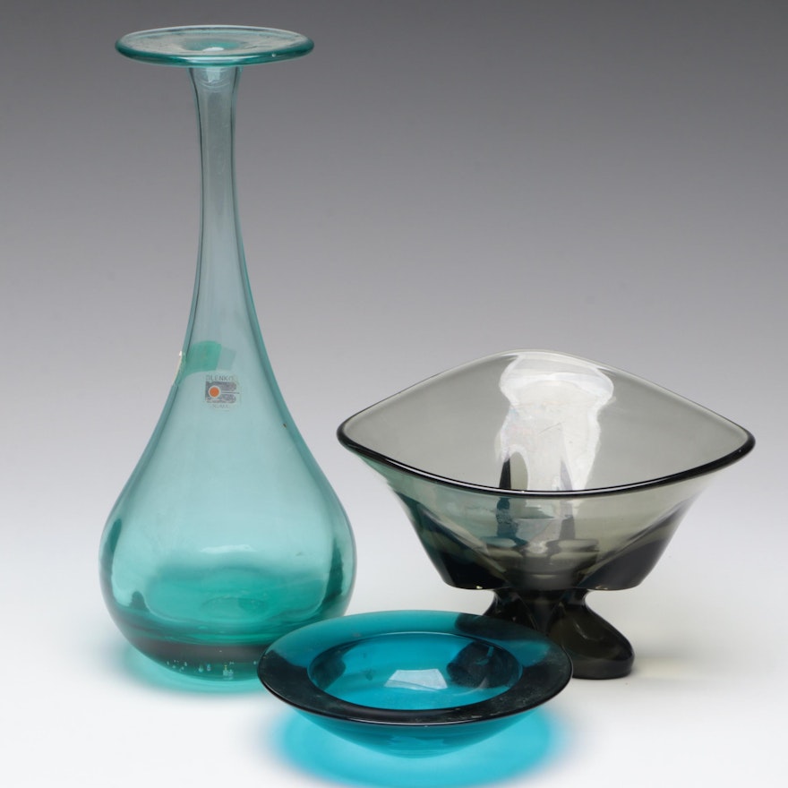 Blenko Glass Vase with Viking and Other Glass Bowls