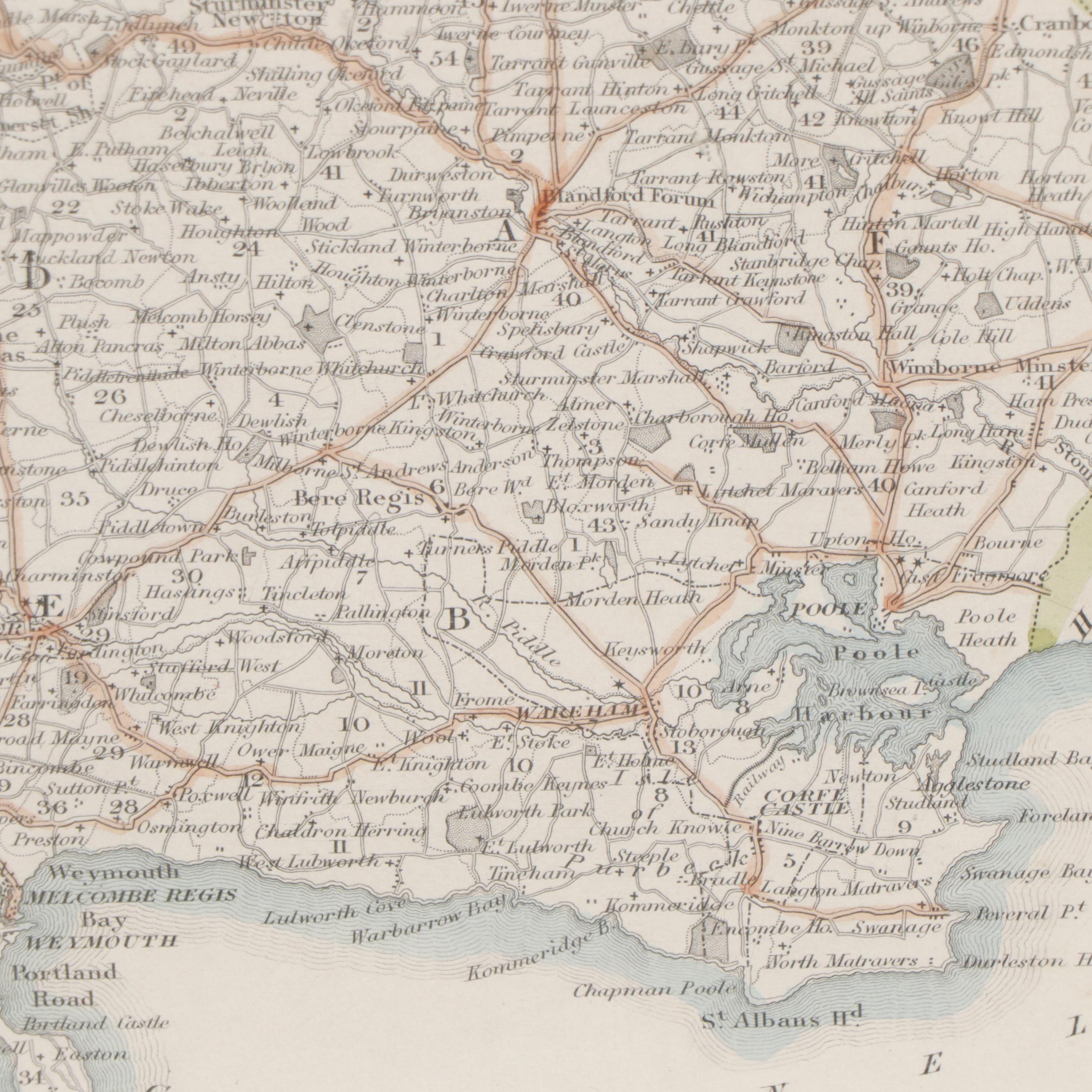 Hand Colored Engraved Map of Dorsetshire after Thomas Moule