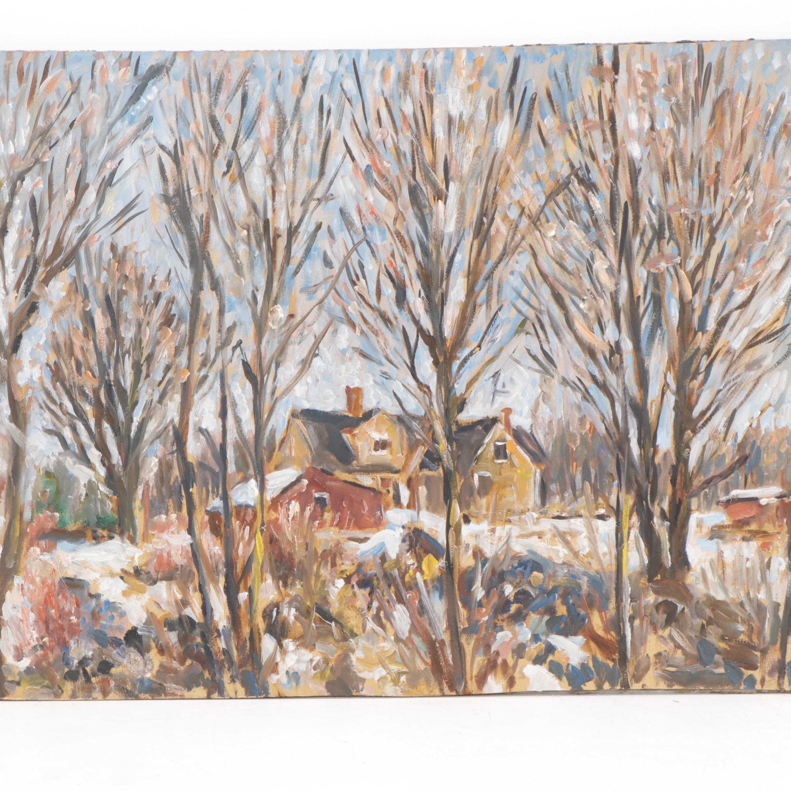 Oil Painting of Snowy Residential Landscape, 20th Century