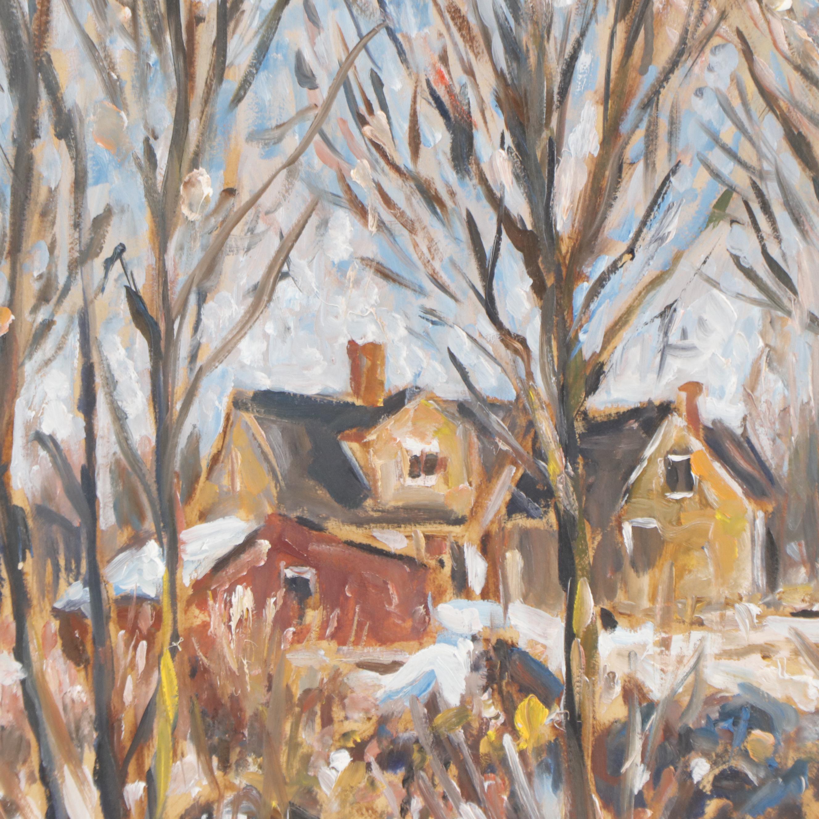 Oil Painting of Snowy Residential Landscape, 20th Century