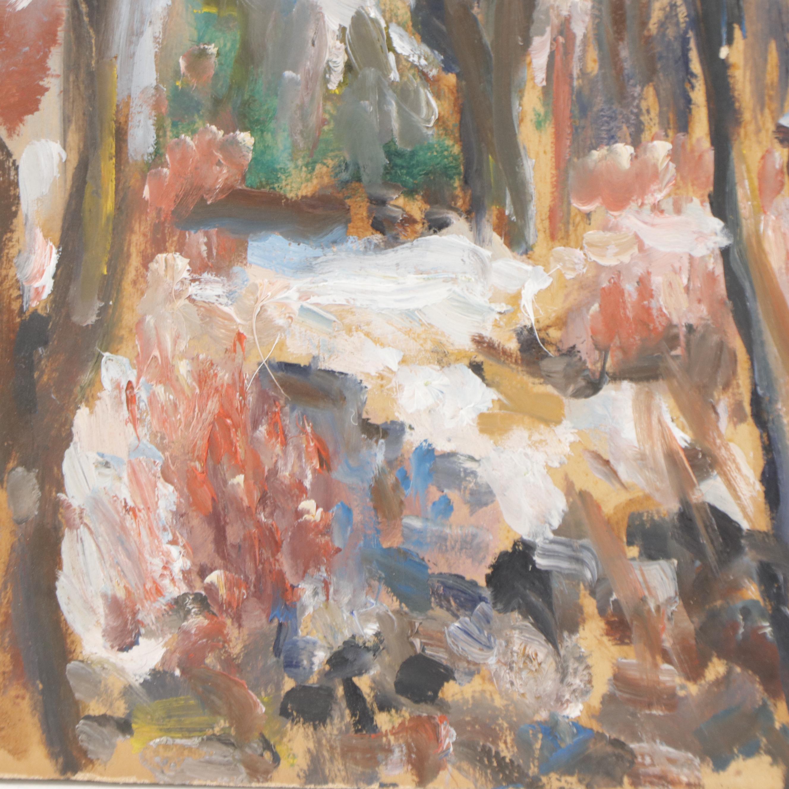 Oil Painting of Snowy Residential Landscape, 20th Century
