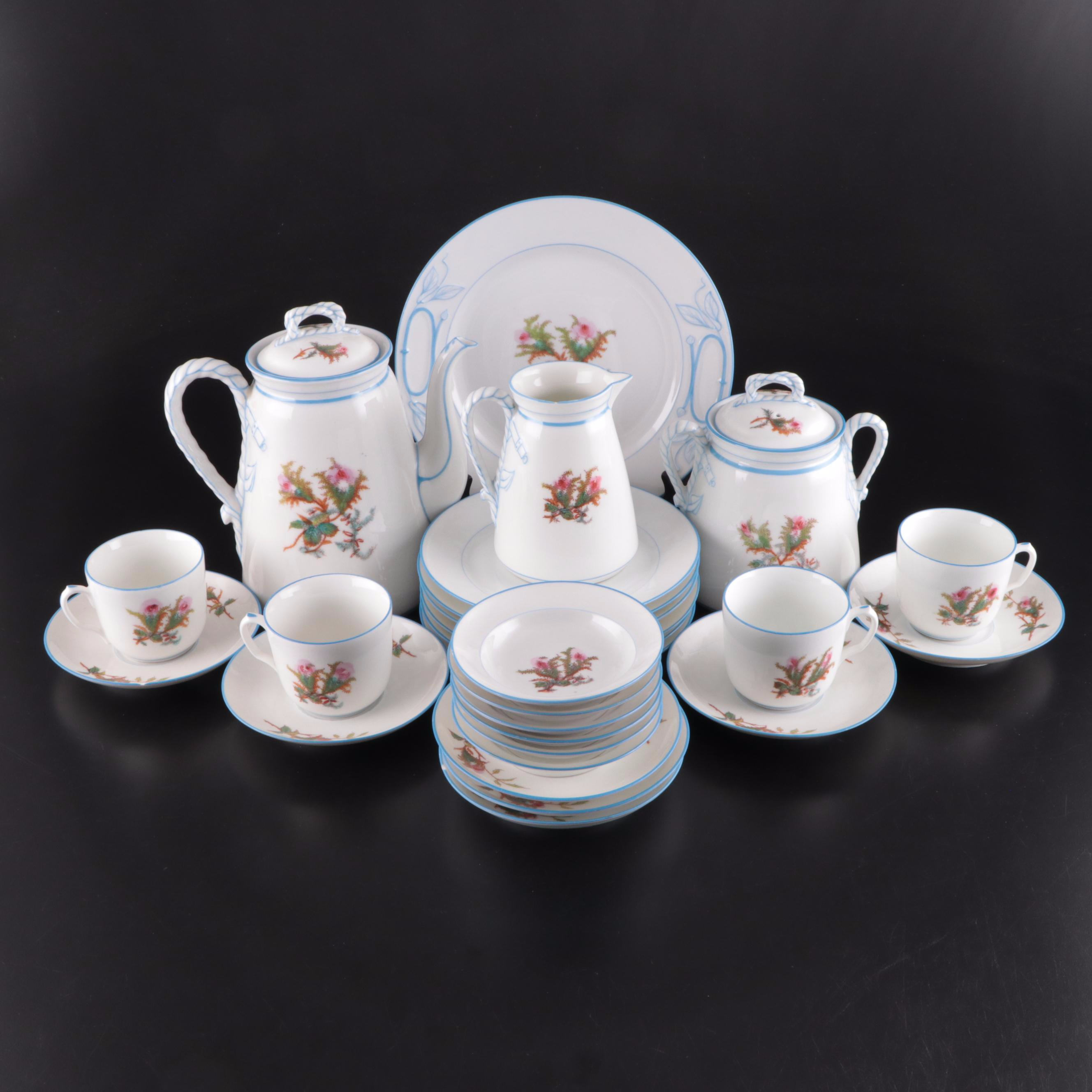 Haviland "Moss Rose Blue Trim" Coffee Pot with Other Porcelain Dinnerware