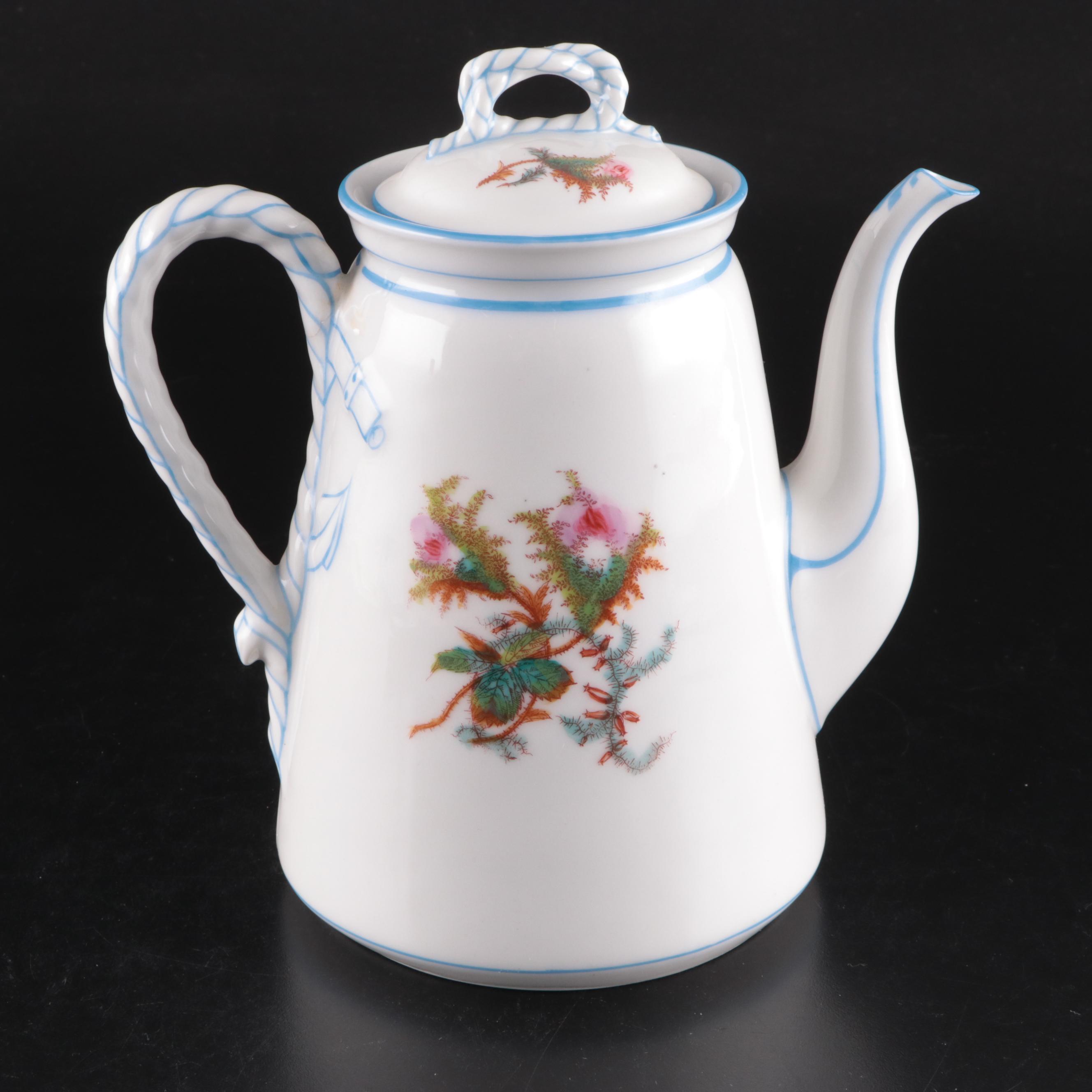Haviland "Moss Rose Blue Trim" Coffee Pot with Other Porcelain Dinnerware