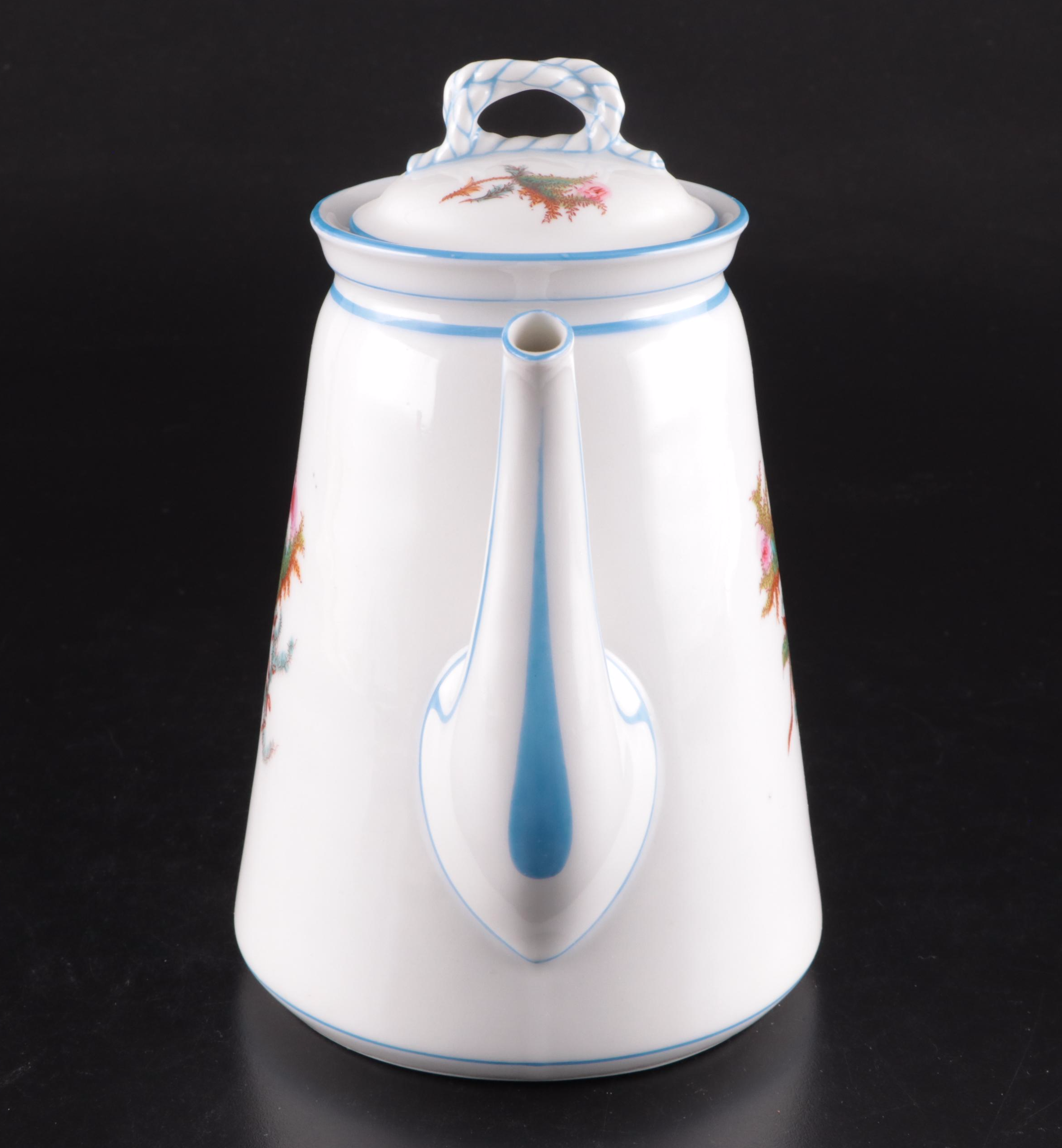 Haviland "Moss Rose Blue Trim" Coffee Pot with Other Porcelain Dinnerware