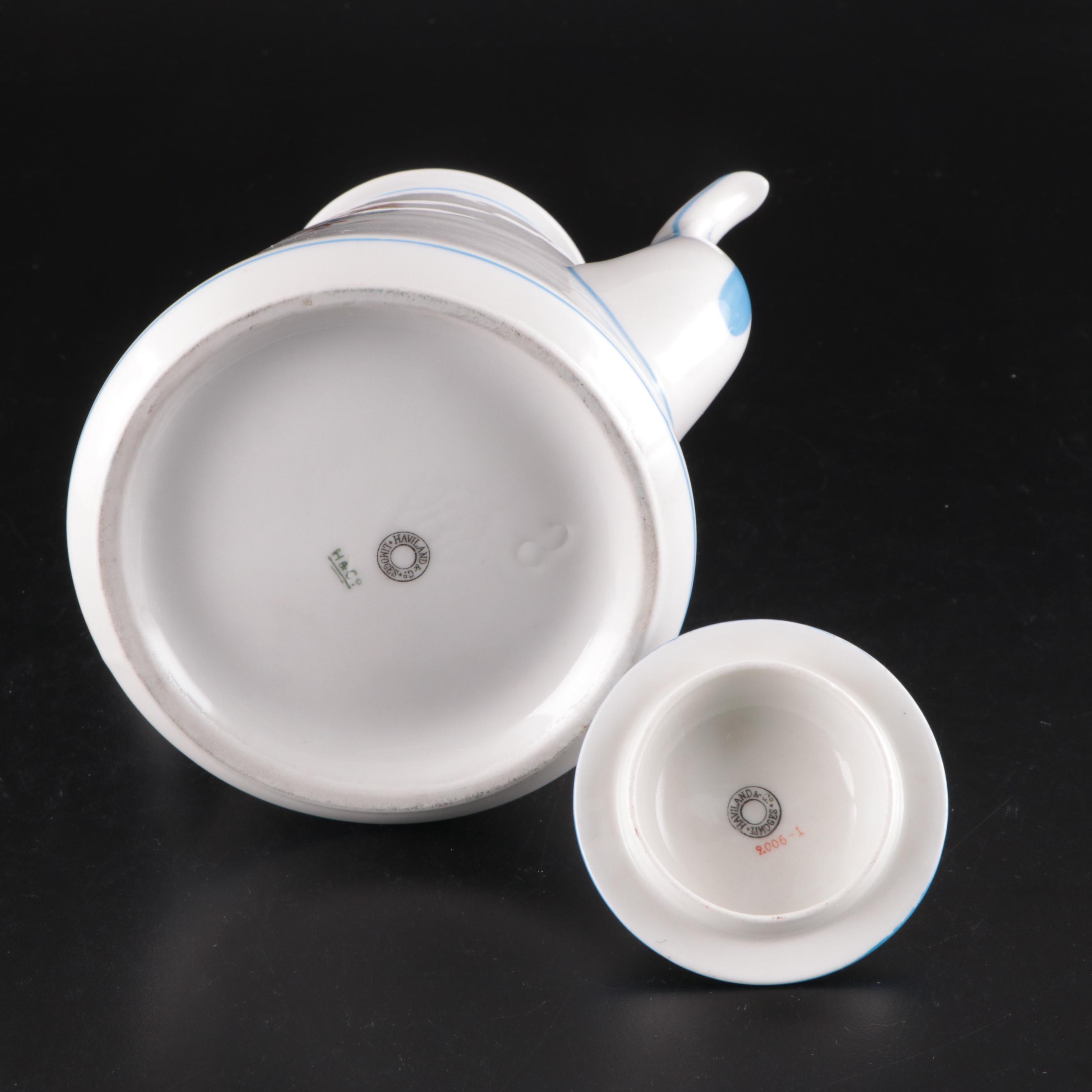 Haviland "Moss Rose Blue Trim" Coffee Pot with Other Porcelain Dinnerware