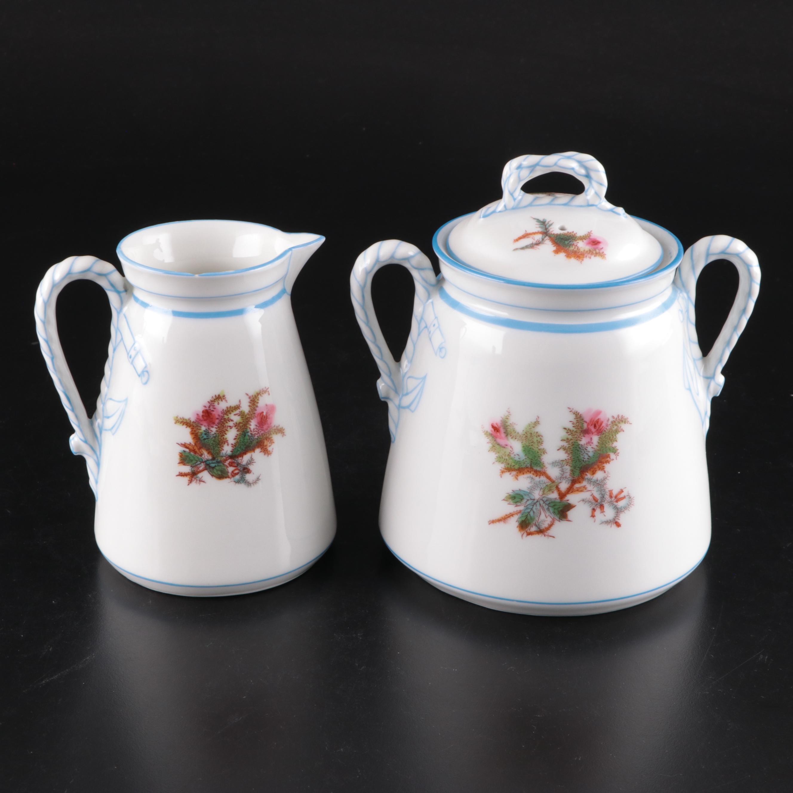 Haviland "Moss Rose Blue Trim" Coffee Pot with Other Porcelain Dinnerware