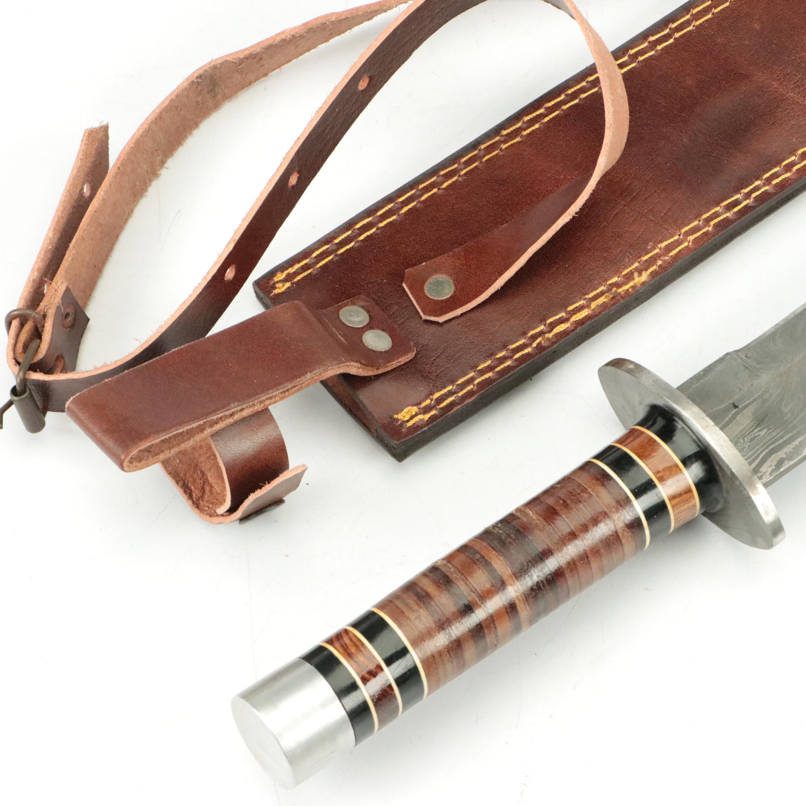 Damascus Steel and Stacked Leather Handle Short Sword with Scabbard
