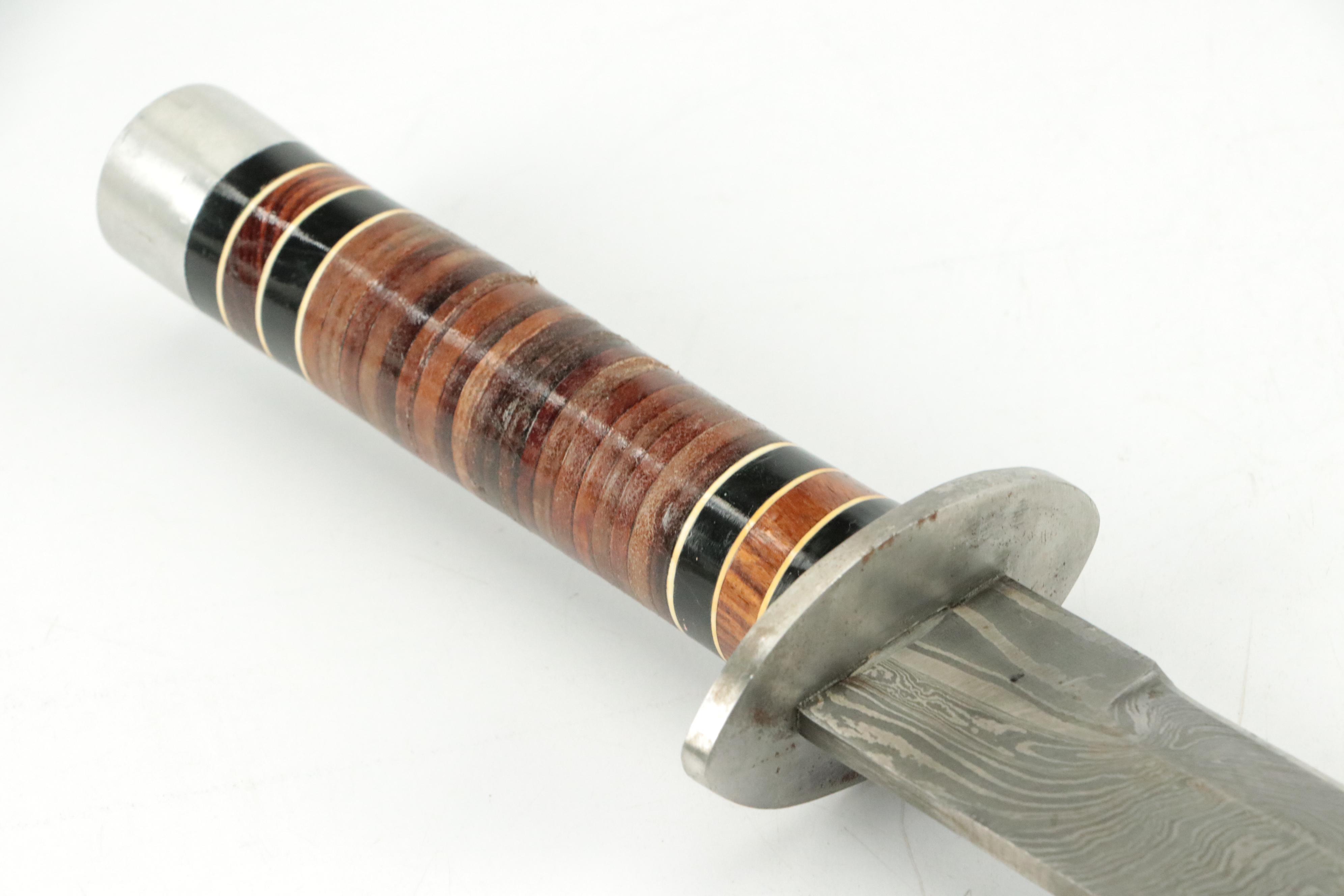 Damascus Steel and Stacked Leather Handle Short Sword with Scabbard