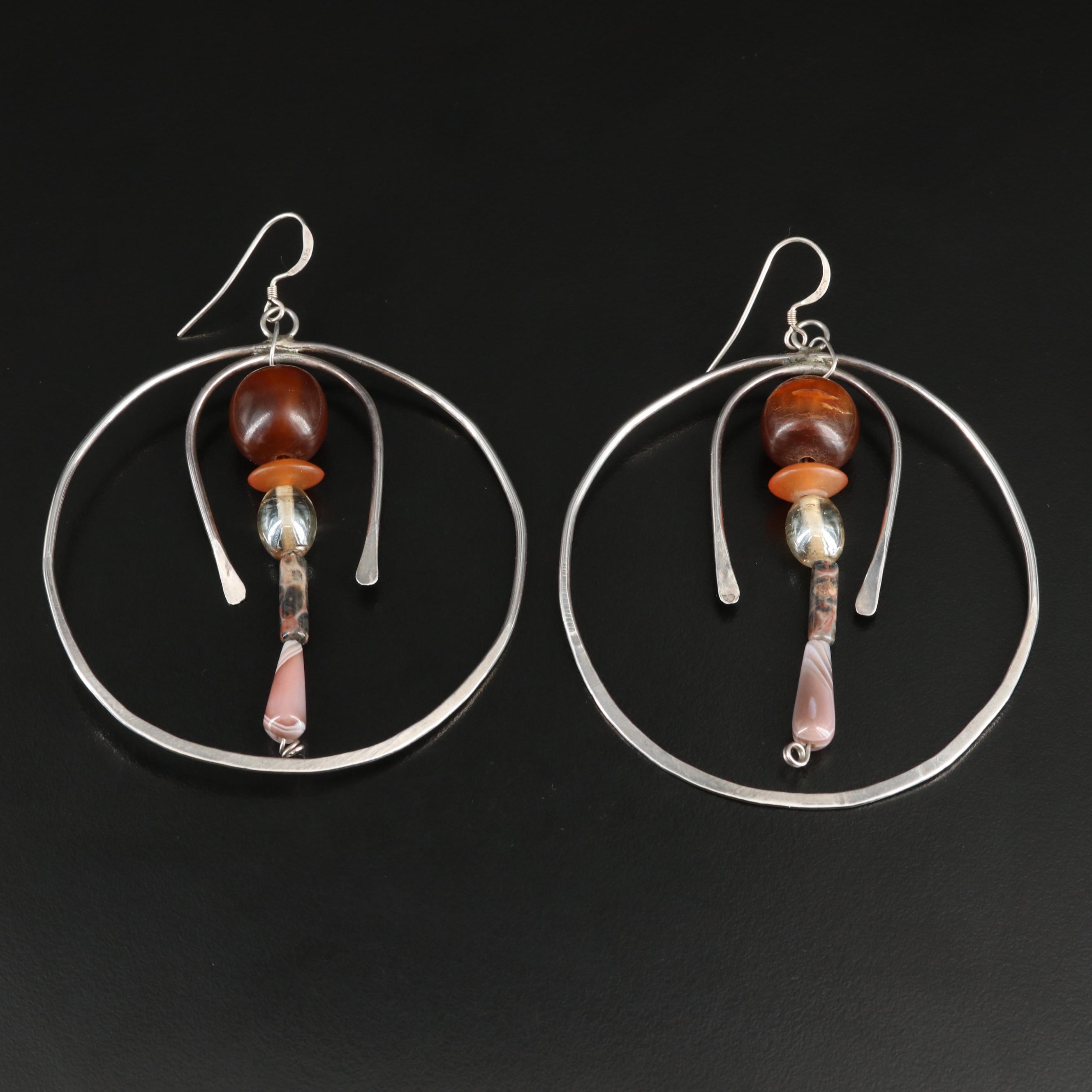 Sterling Large Hoop Earrings with Jasper, Agate and Horn