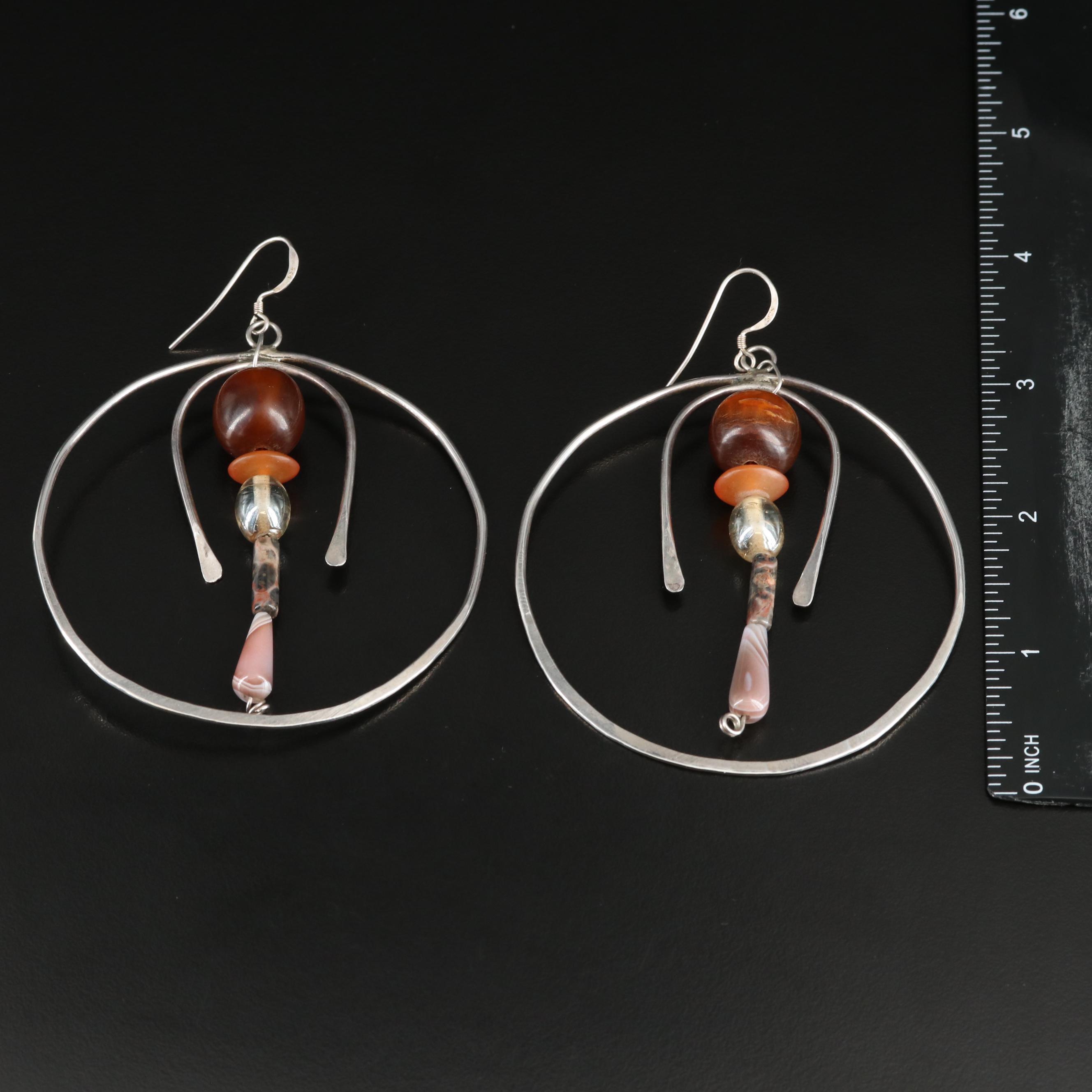 Sterling Large Hoop Earrings with Jasper, Agate and Horn