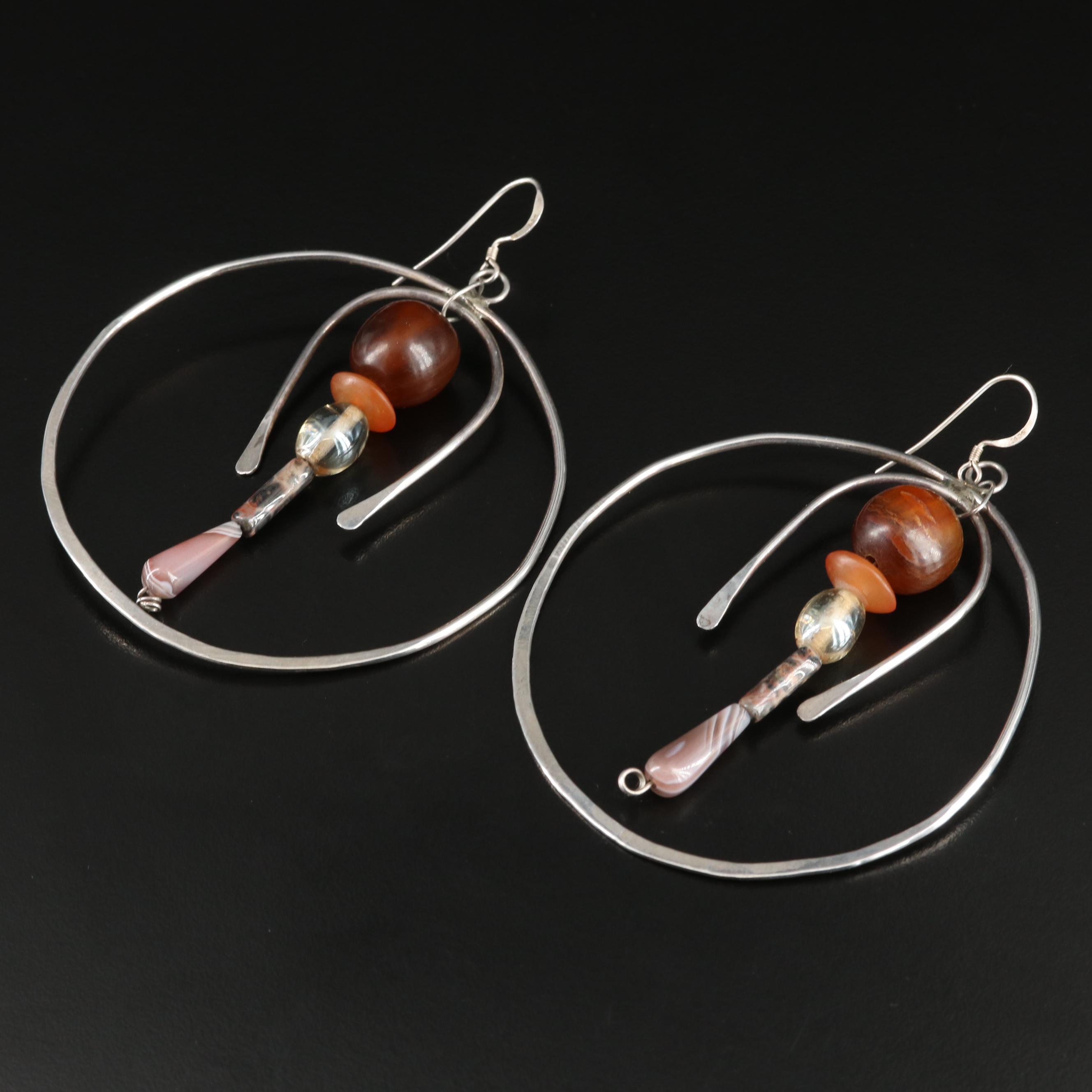 Sterling Large Hoop Earrings with Jasper, Agate and Horn