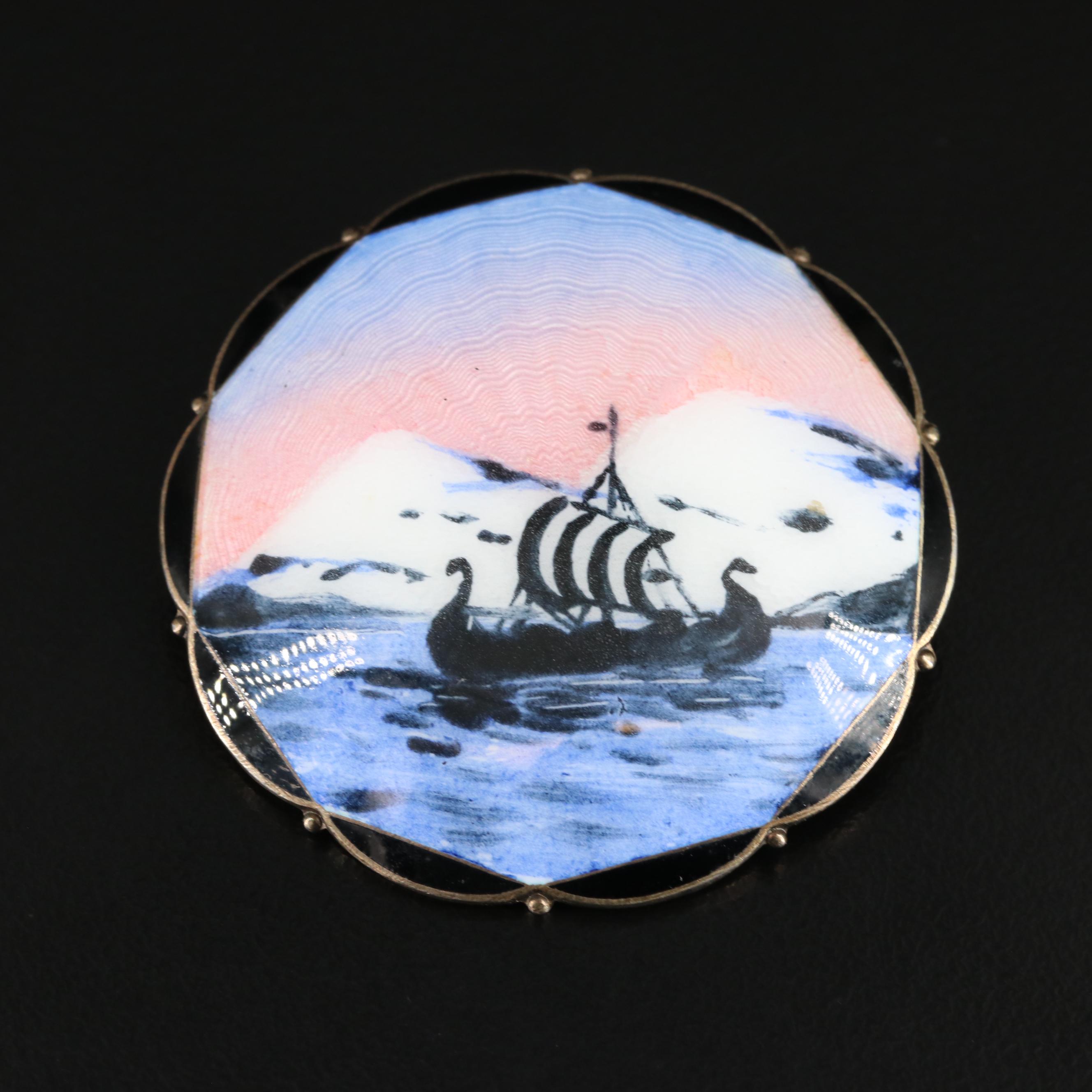 Olaf Hjortdahl Sterling and Enamel Viking Ship Pin