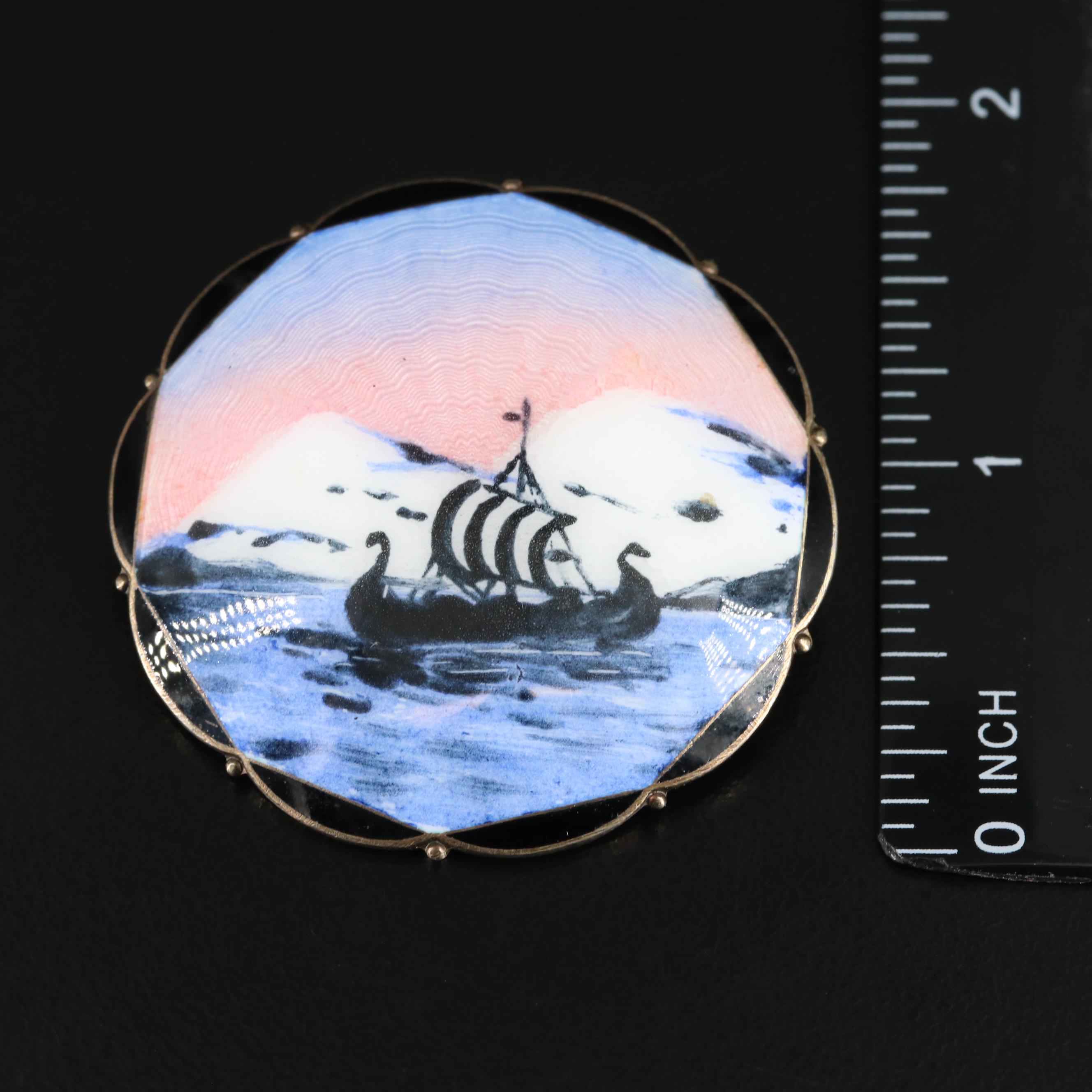 Olaf Hjortdahl Sterling and Enamel Viking Ship Pin