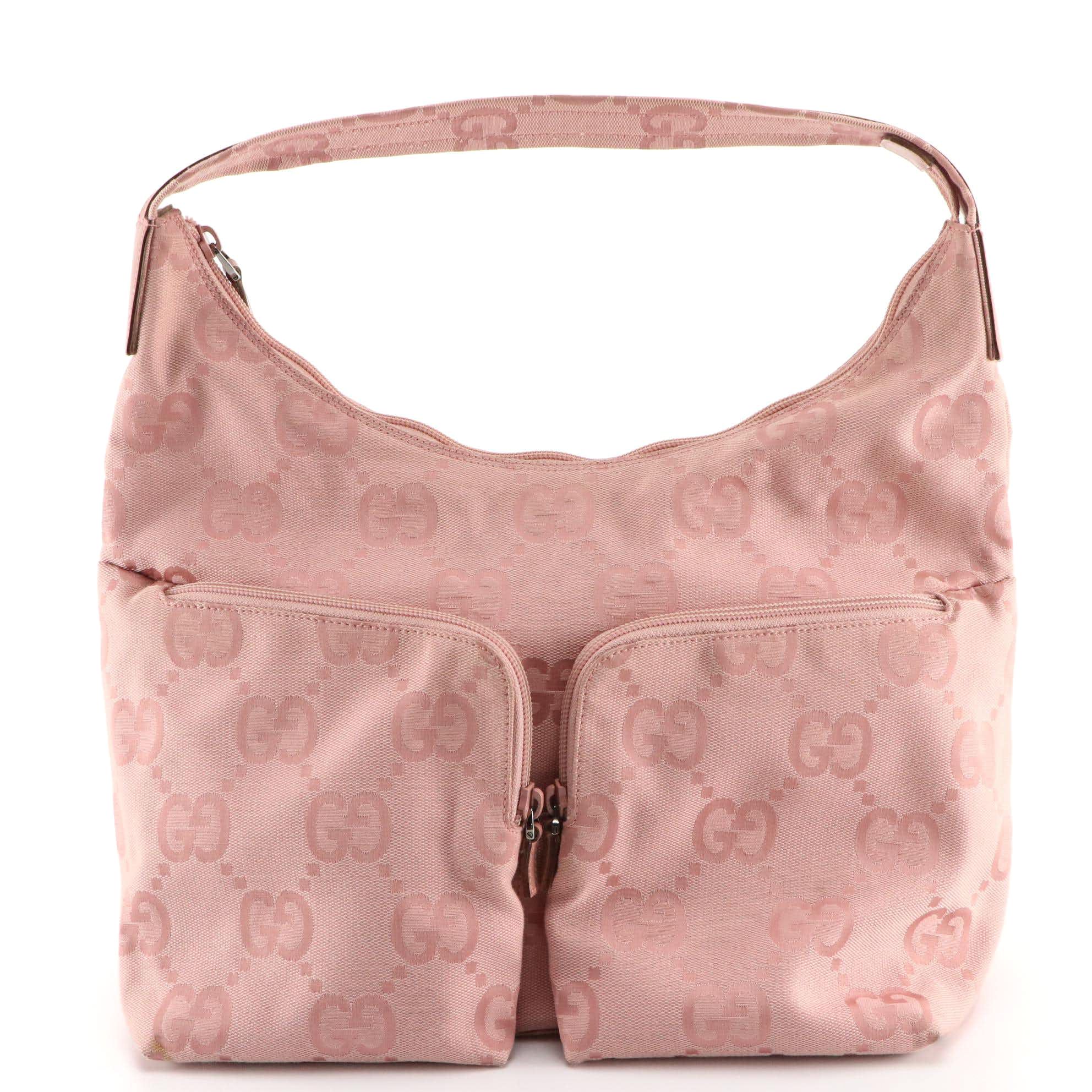 Gucci Pocket Front Shoulder Bag in Pink GG Canvas and Leather Trim
