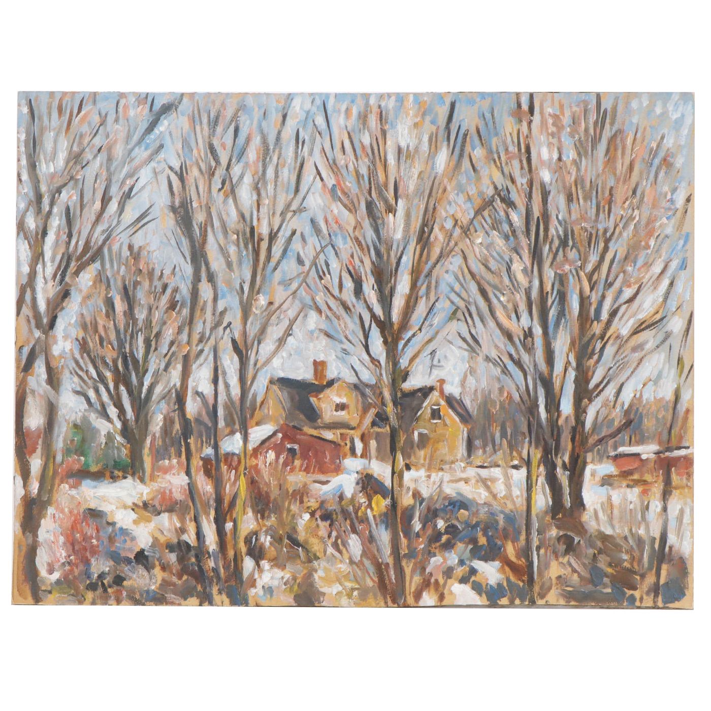 Oil Painting of Snowy Residential Landscape, 20th Century