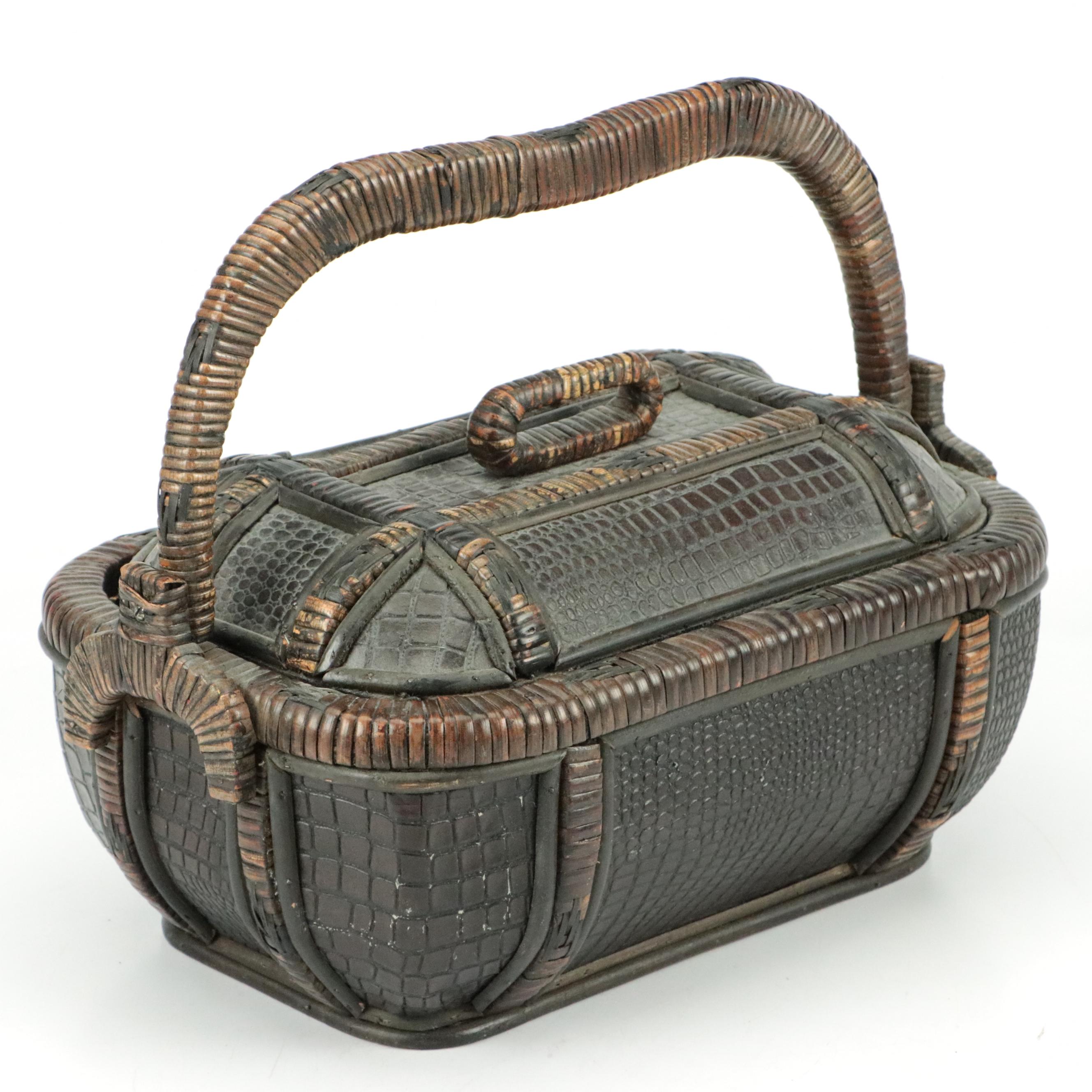 Chinese Lidded Rattan Basket with Crocodile Embossed Faux Leather Panels