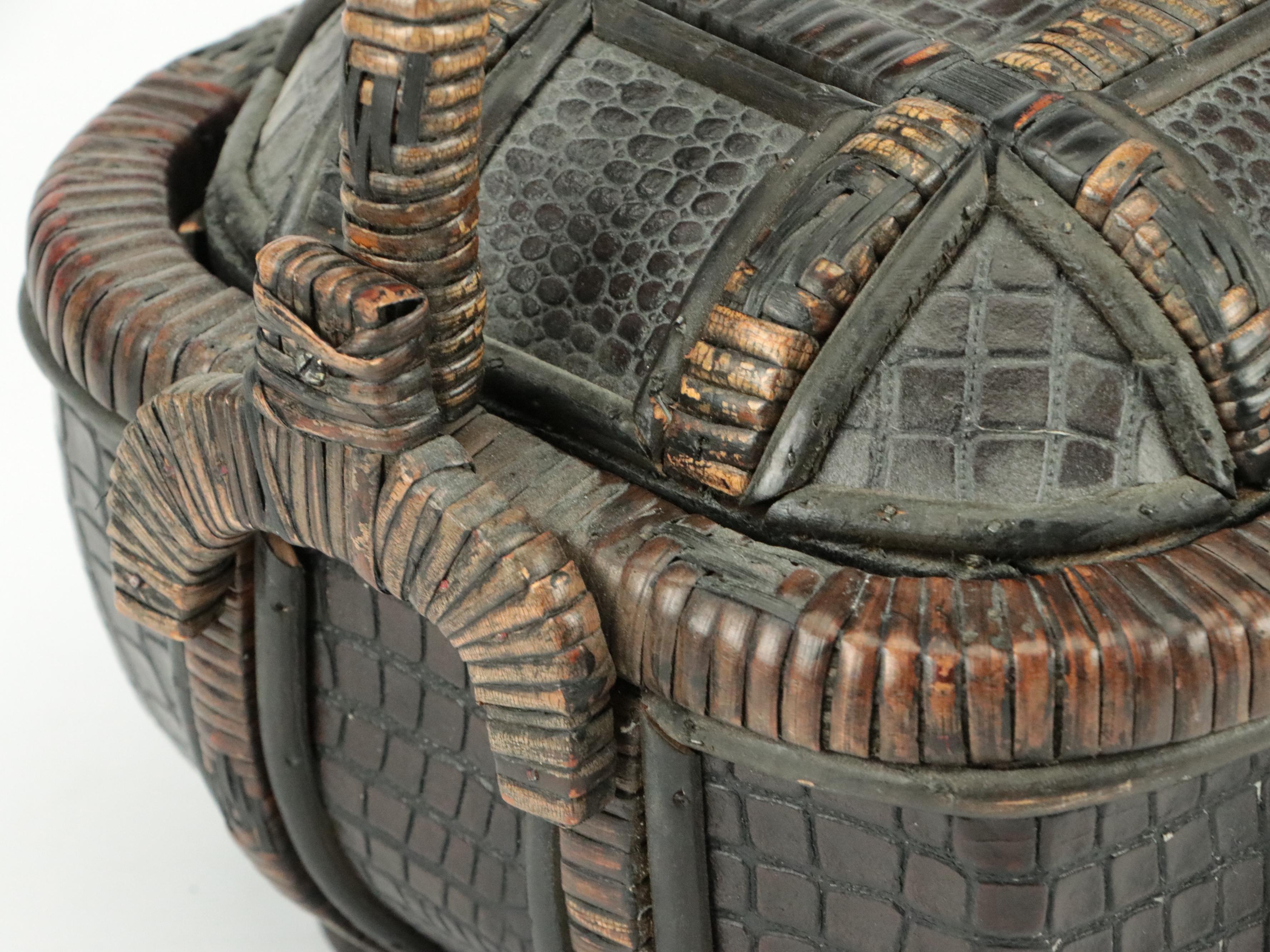 Chinese Lidded Rattan Basket with Crocodile Embossed Faux Leather Panels