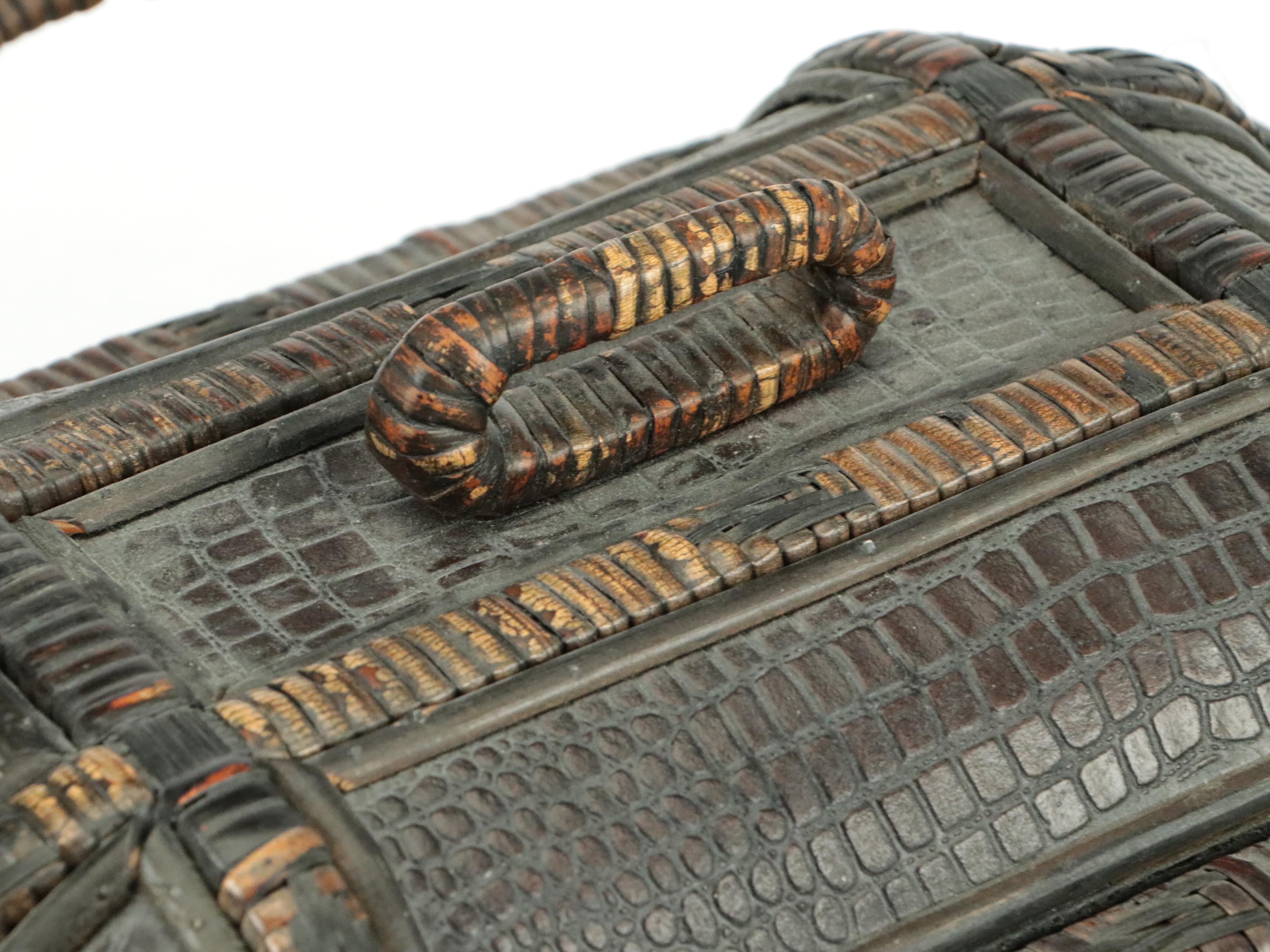 Chinese Lidded Rattan Basket with Crocodile Embossed Faux Leather Panels
