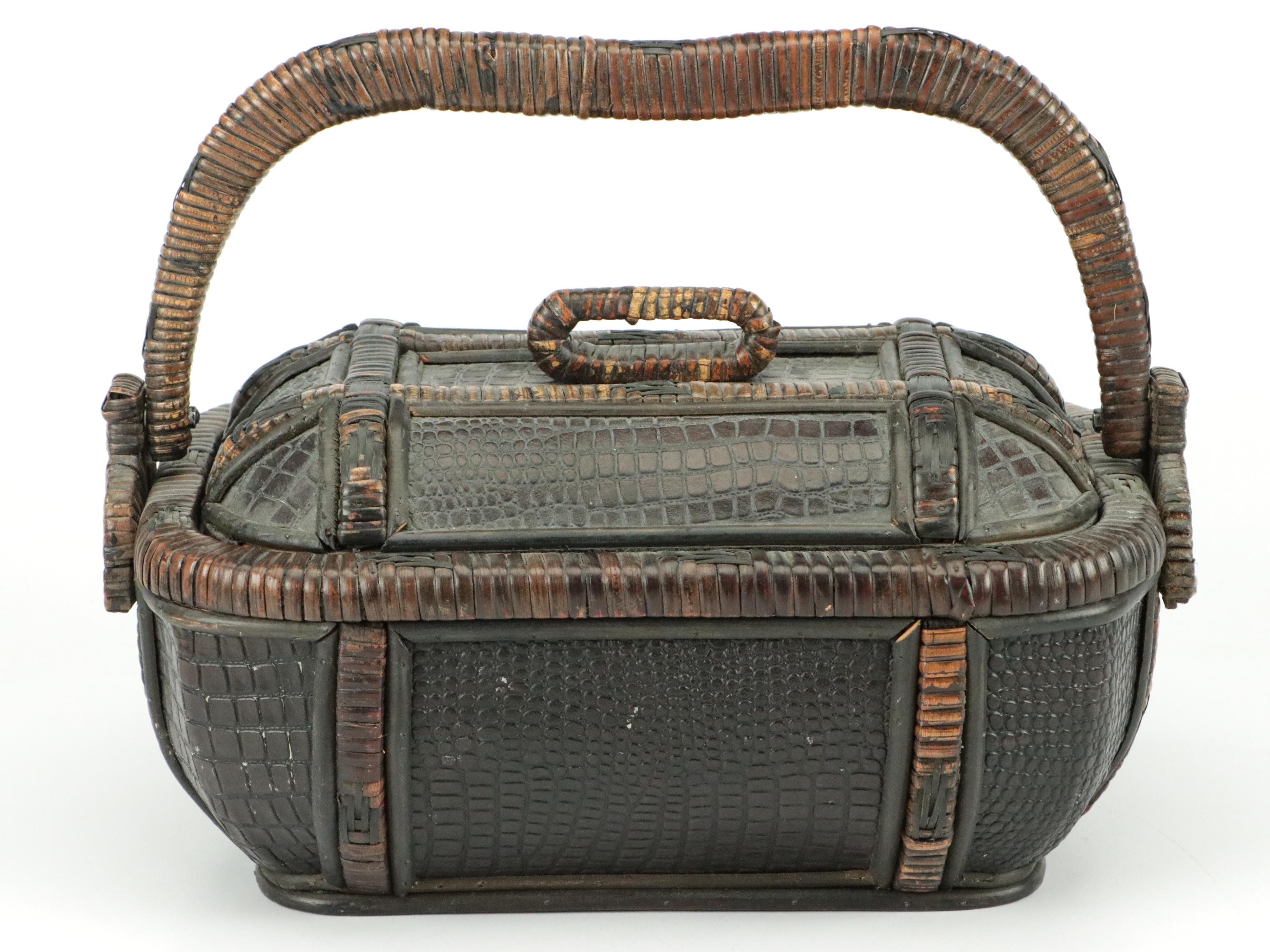 Chinese Lidded Rattan Basket with Crocodile Embossed Faux Leather Panels