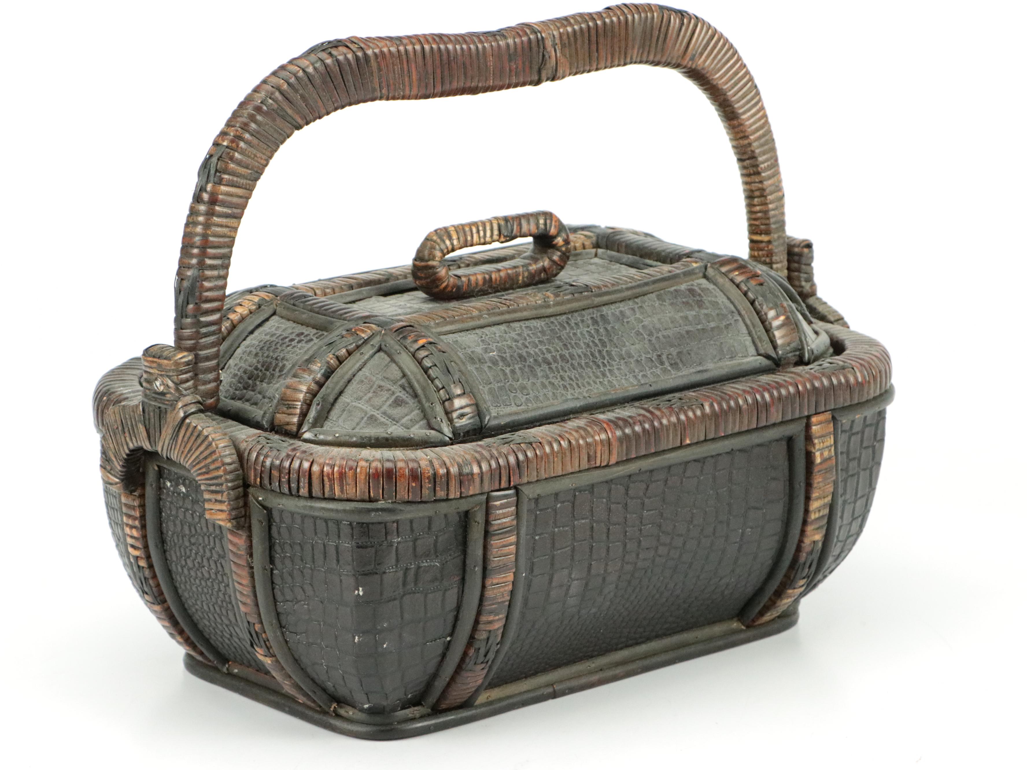 Chinese Lidded Rattan Basket with Crocodile Embossed Faux Leather Panels