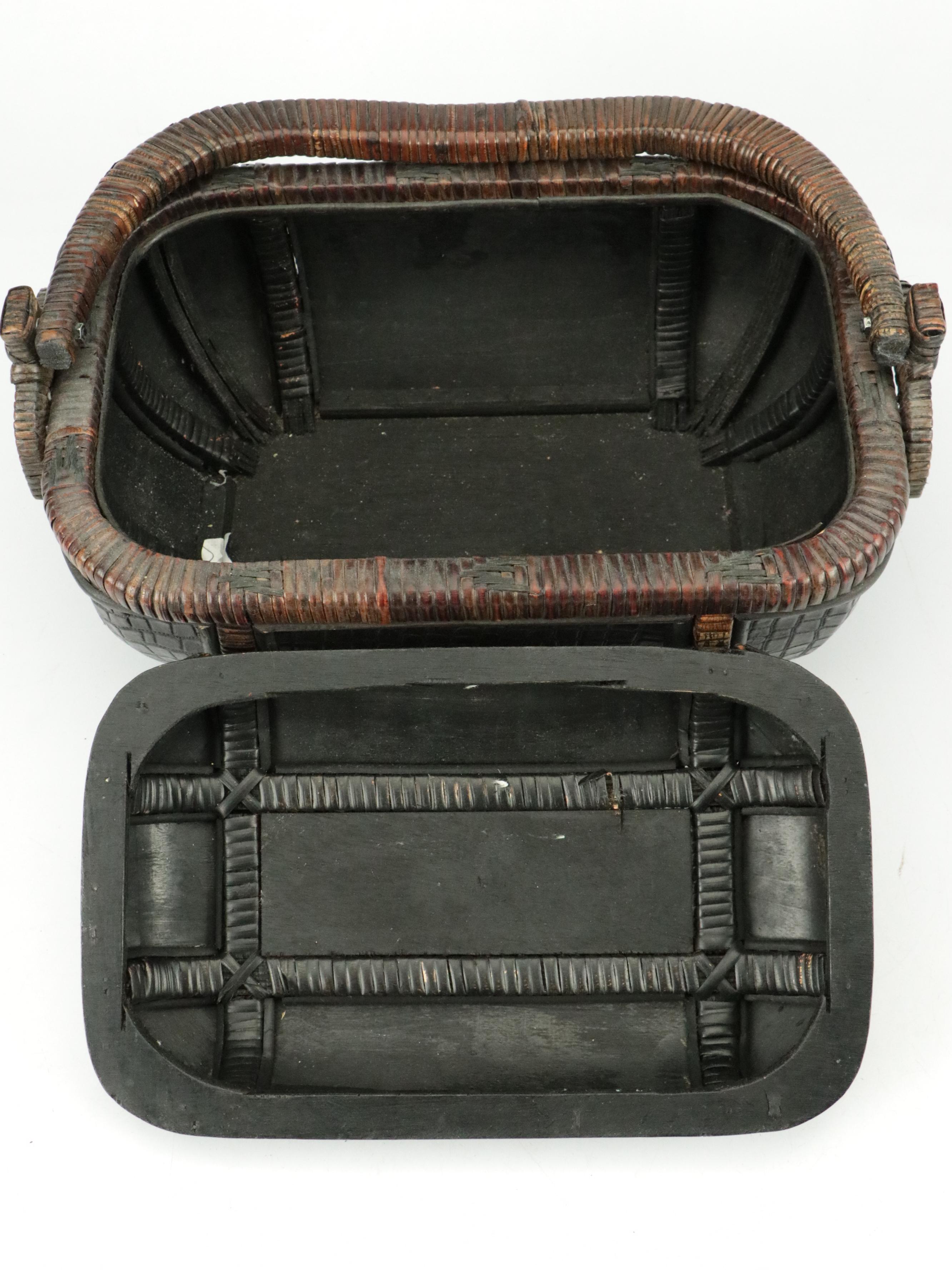 Chinese Lidded Rattan Basket with Crocodile Embossed Faux Leather Panels