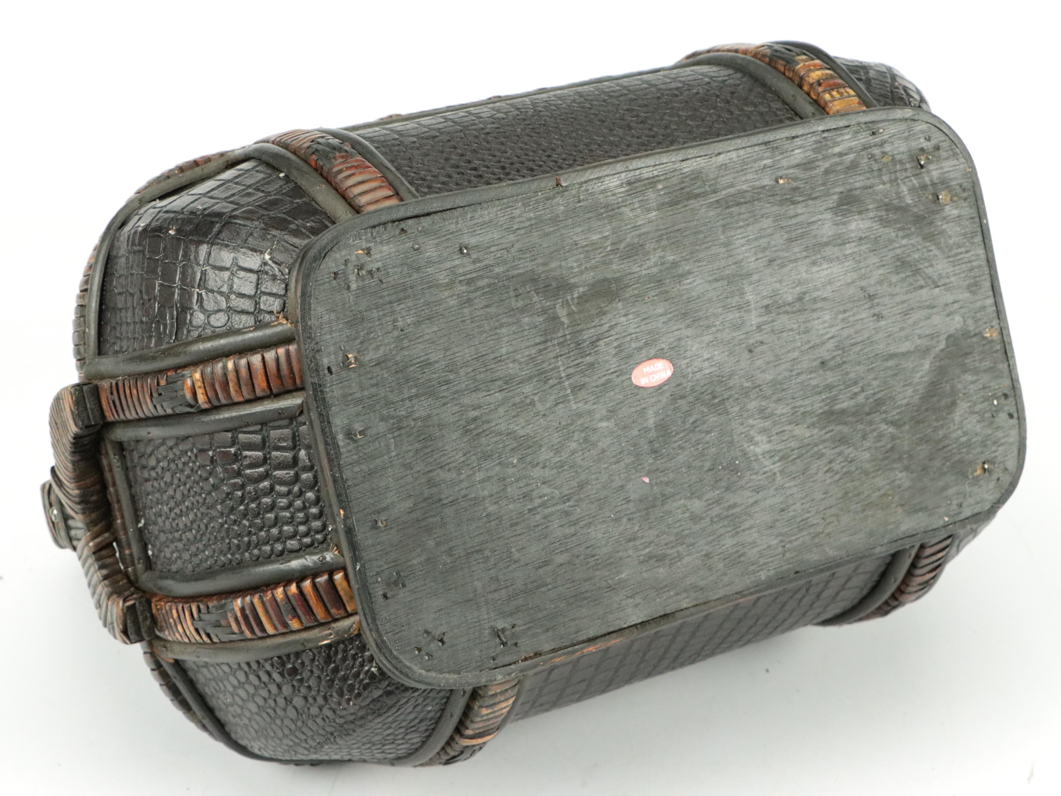 Chinese Lidded Rattan Basket with Crocodile Embossed Faux Leather Panels