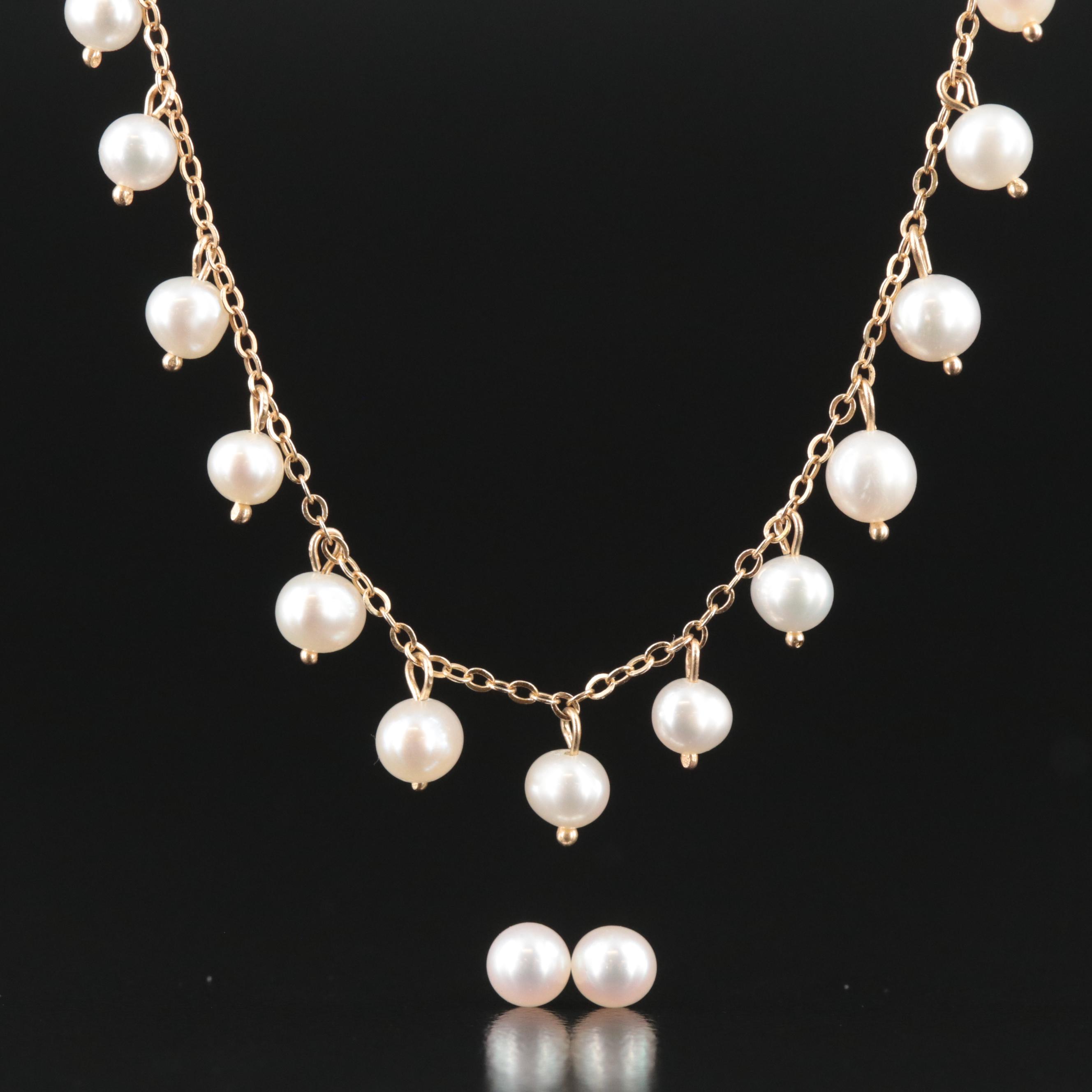 14K Pearl Necklace and Earrings