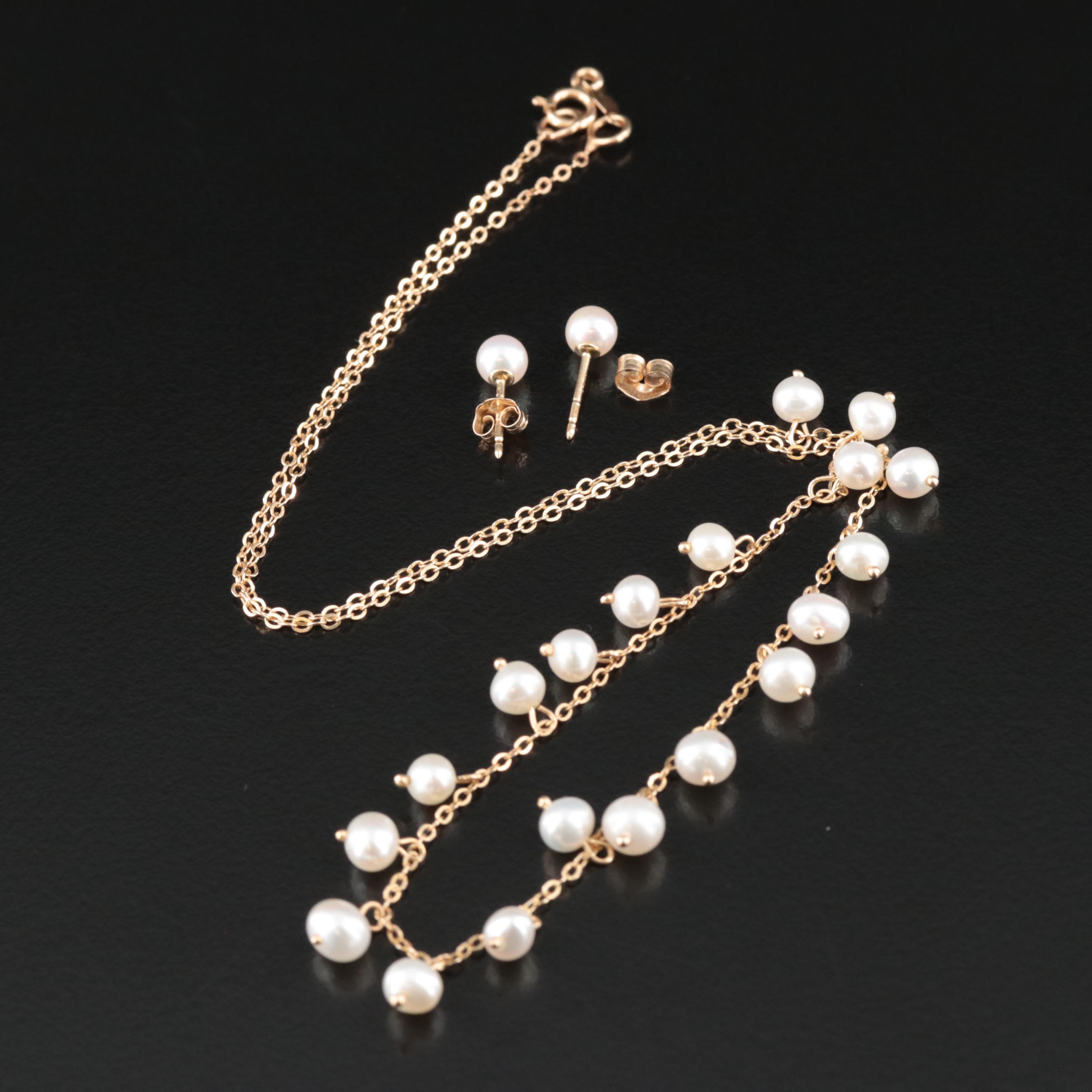 14K Pearl Necklace and Earrings