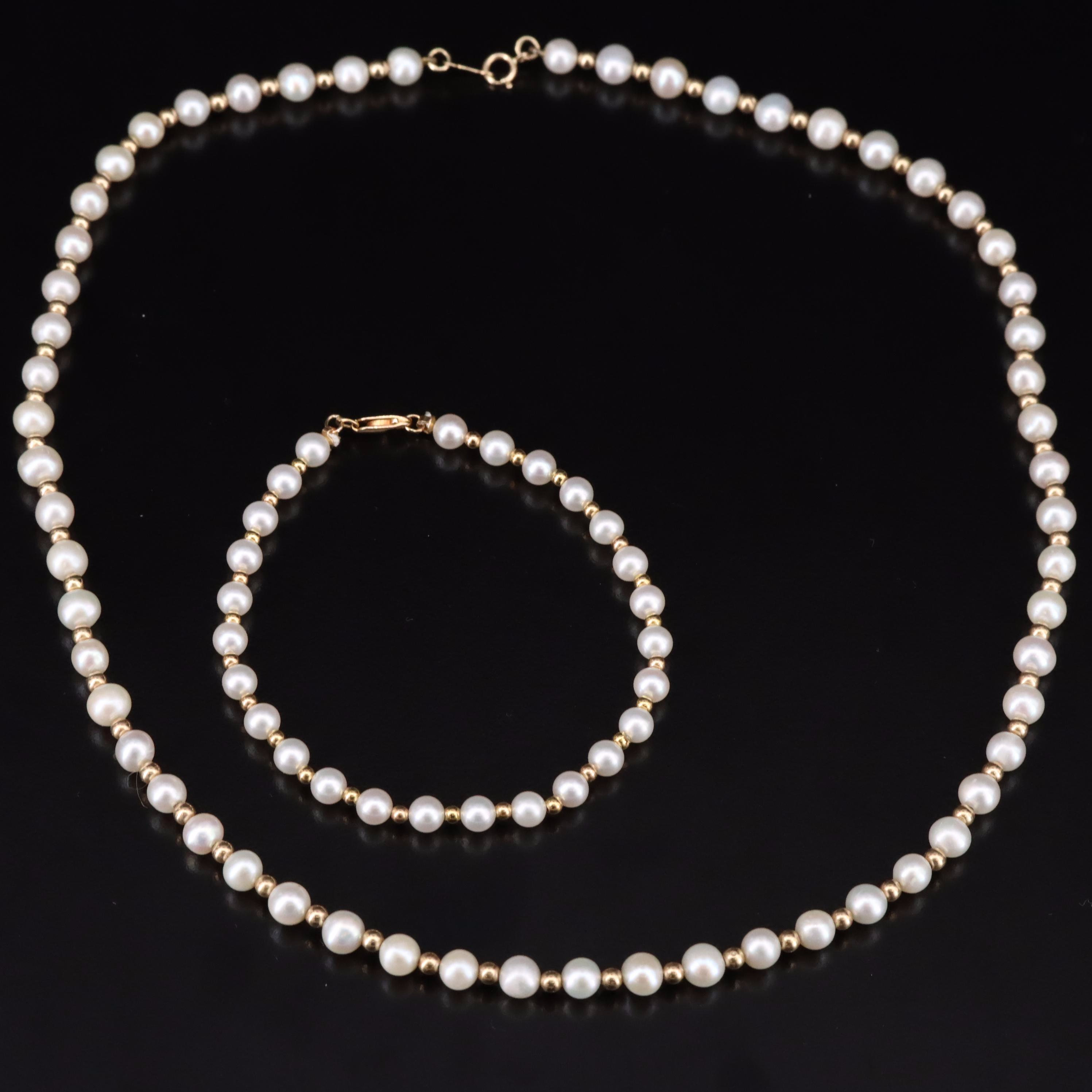 14K Pearl Necklace and Bracelet Set EBTH