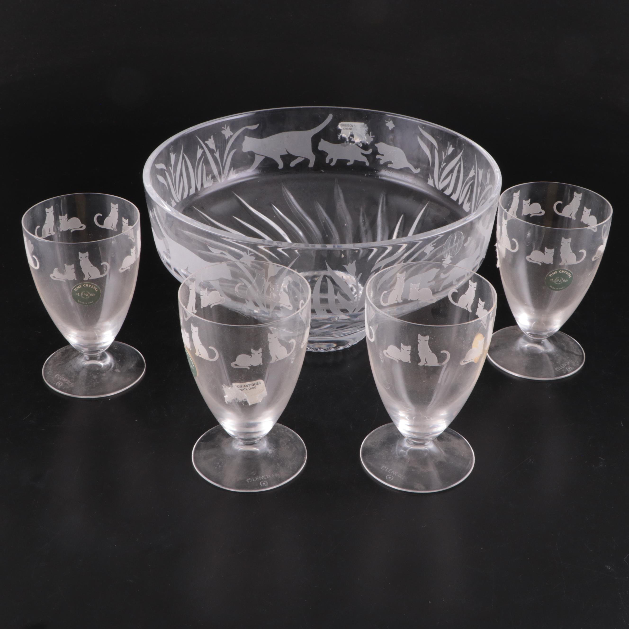 Lenox "Crystal Cats" Bowl and Footed Tumblers EBTH