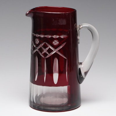 Ruby Cut-to-Clear Glass Pitcher, Mid-20th Century