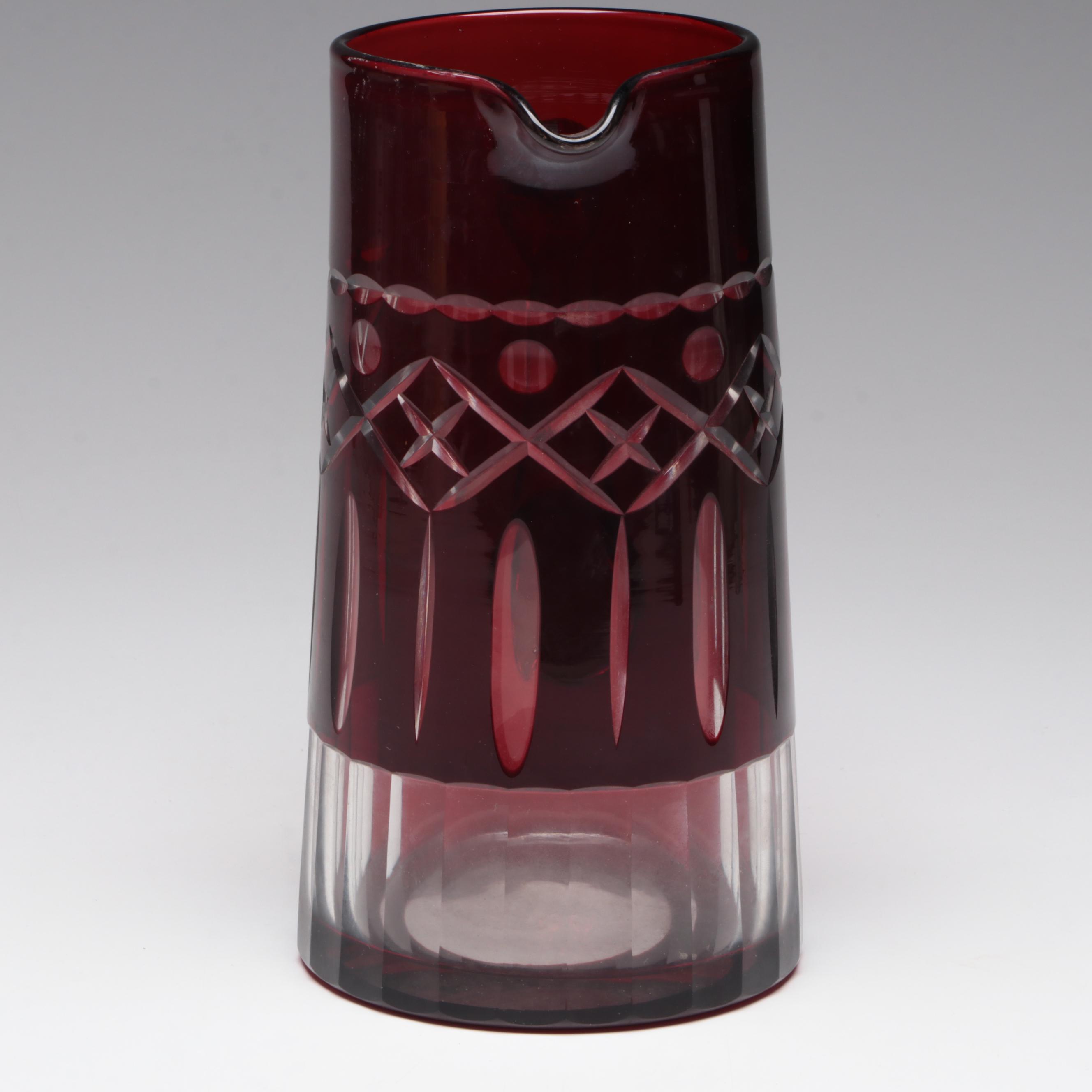 Ruby Cut-to-Clear Glass Pitcher, Mid-20th Century
