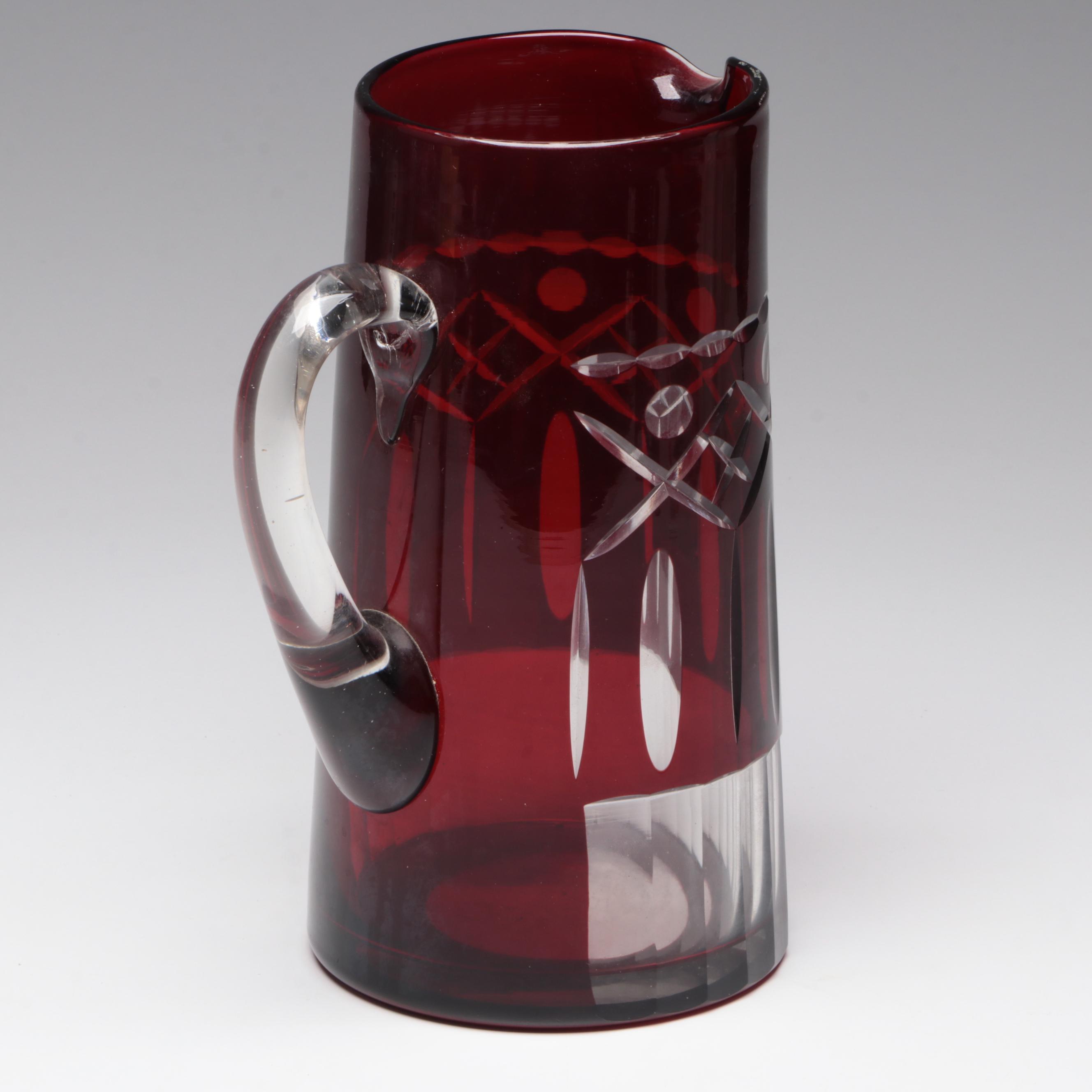 Ruby Cut-to-Clear Glass Pitcher, Mid-20th Century