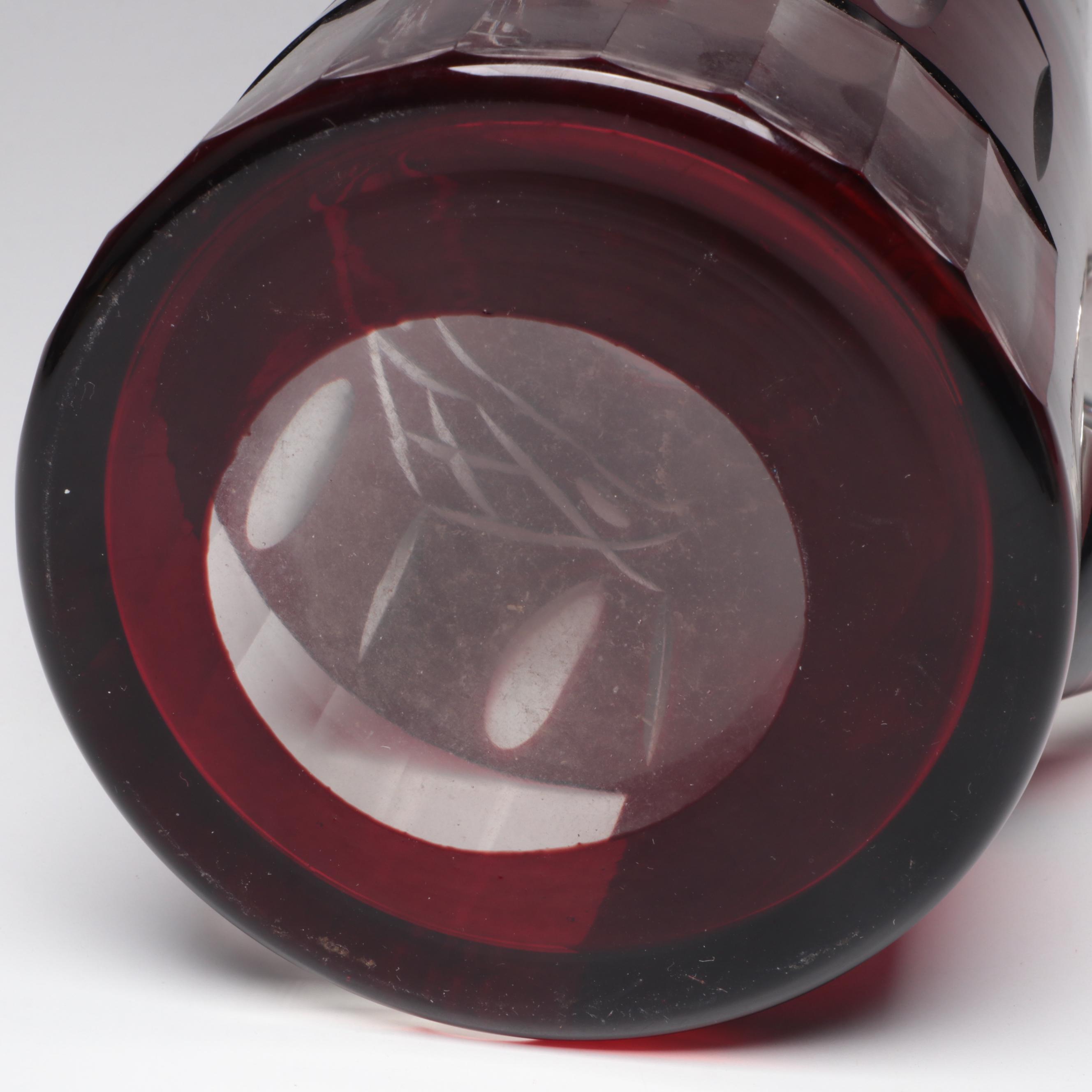 Ruby Cut-to-Clear Glass Pitcher, Mid-20th Century
