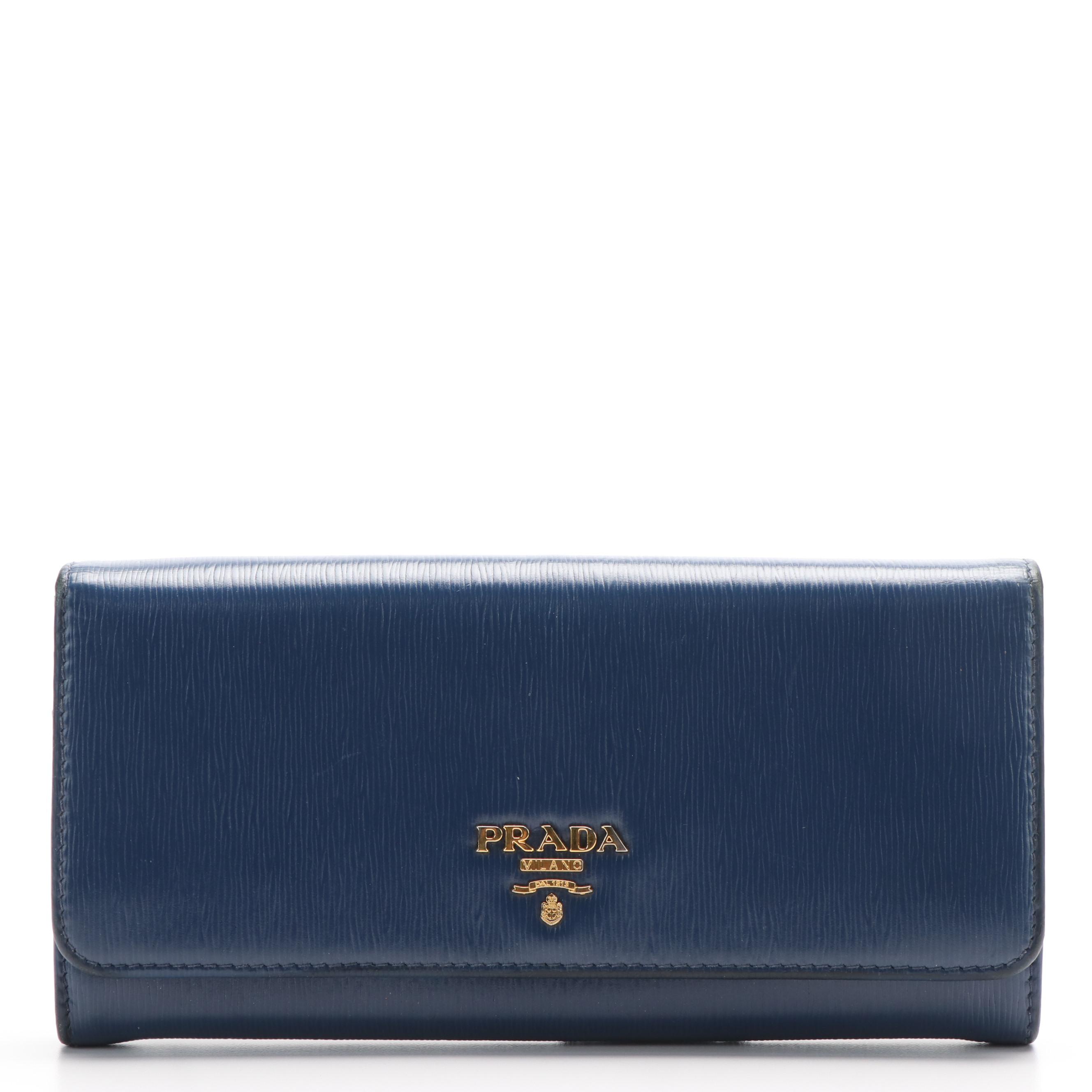 Prada Logo Flap Navy Blue Saffiano Metal Leather Continental Wallet