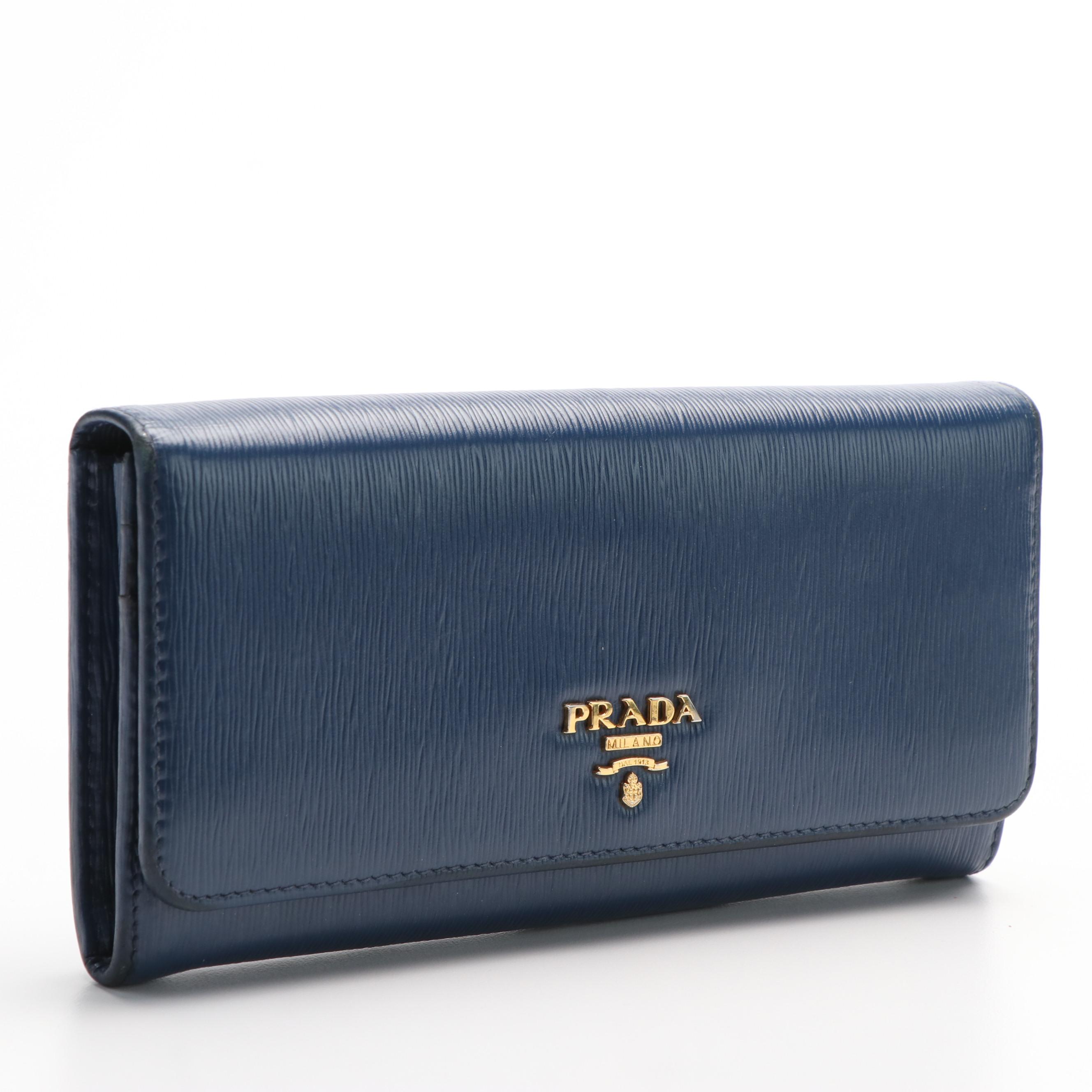 Prada Logo Flap Navy Blue Saffiano Metal Leather Continental Wallet