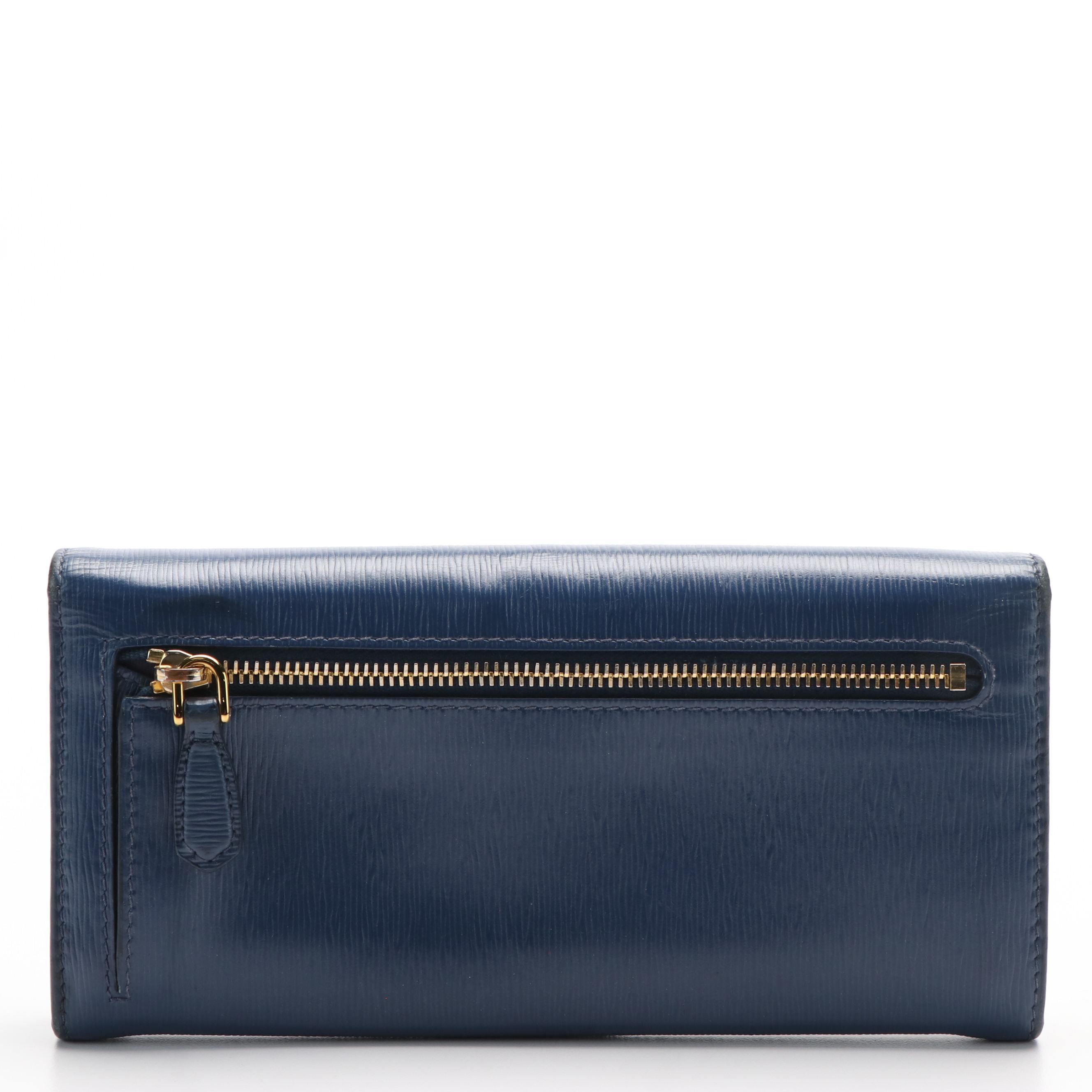 Prada Logo Flap Navy Blue Saffiano Metal Leather Continental Wallet