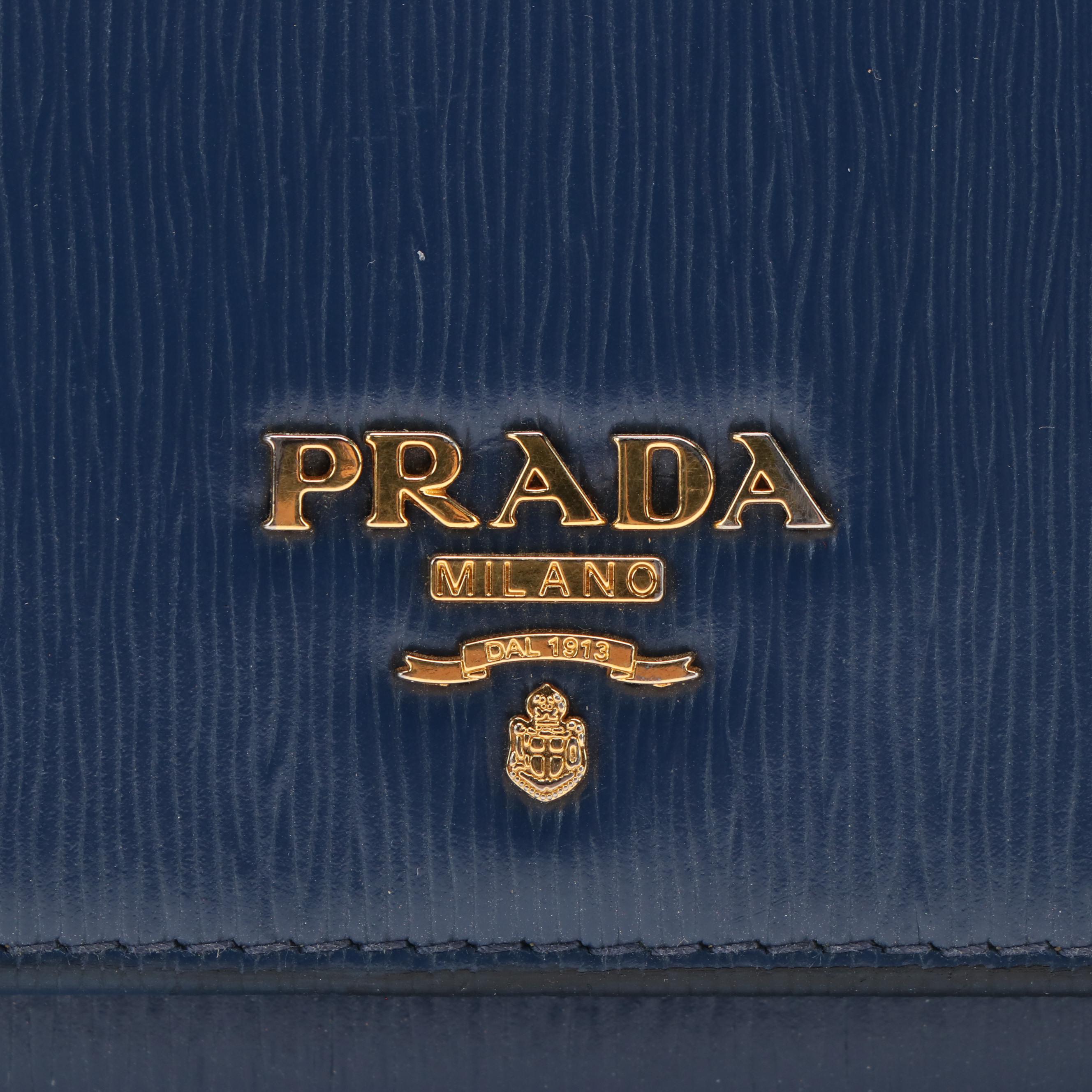 Prada Logo Flap Navy Blue Saffiano Metal Leather Continental Wallet