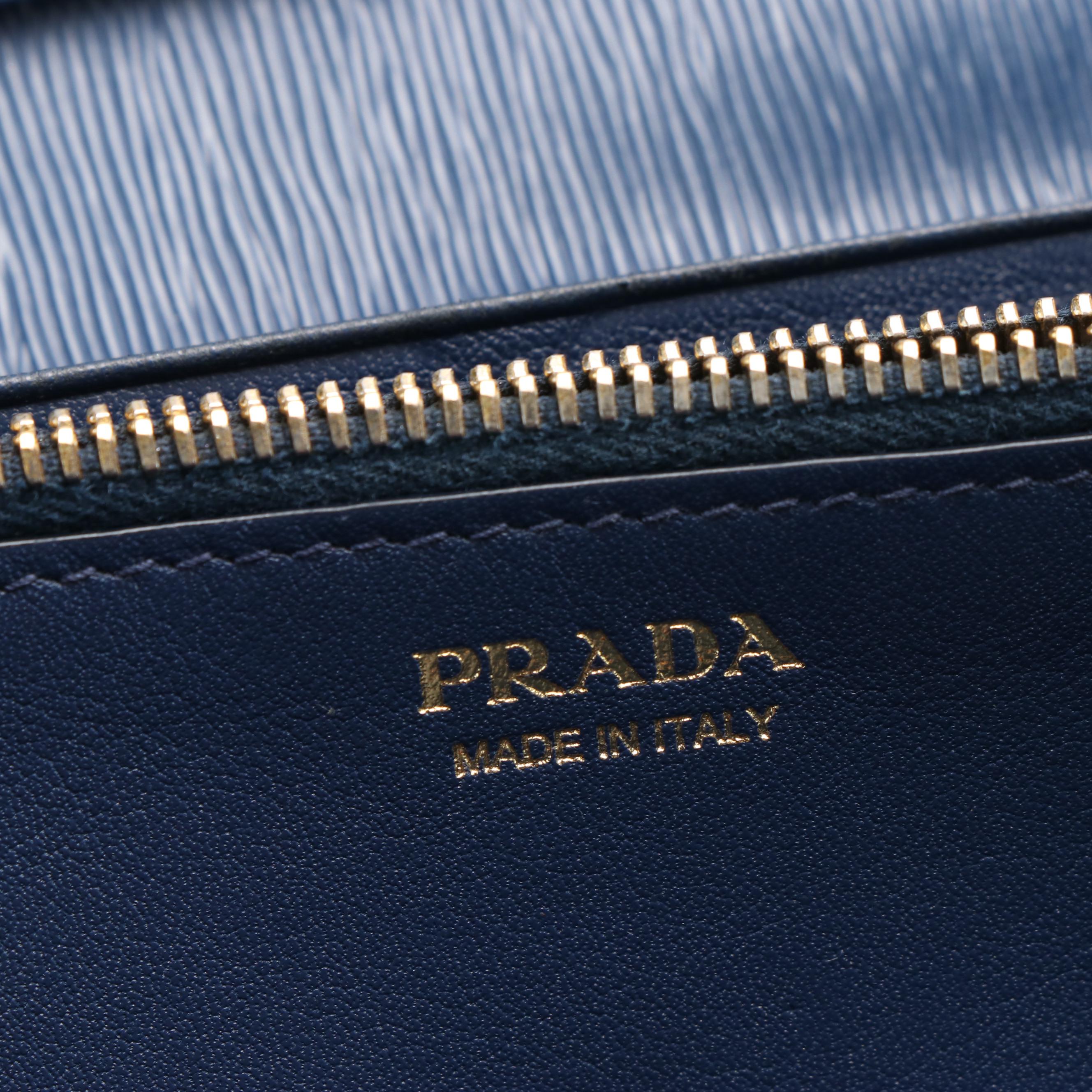 Prada Logo Flap Navy Blue Saffiano Metal Leather Continental Wallet