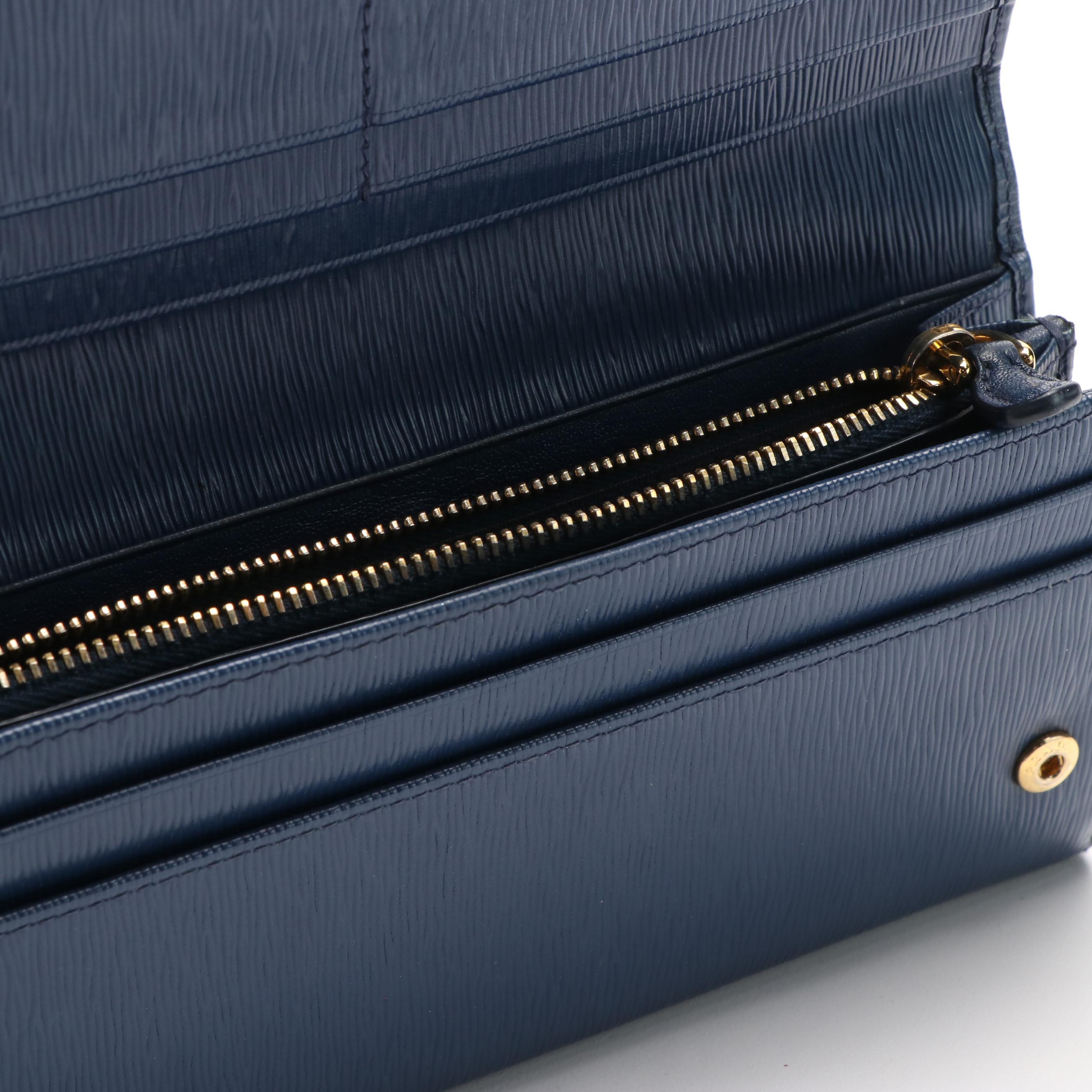 Prada Logo Flap Navy Blue Saffiano Metal Leather Continental Wallet