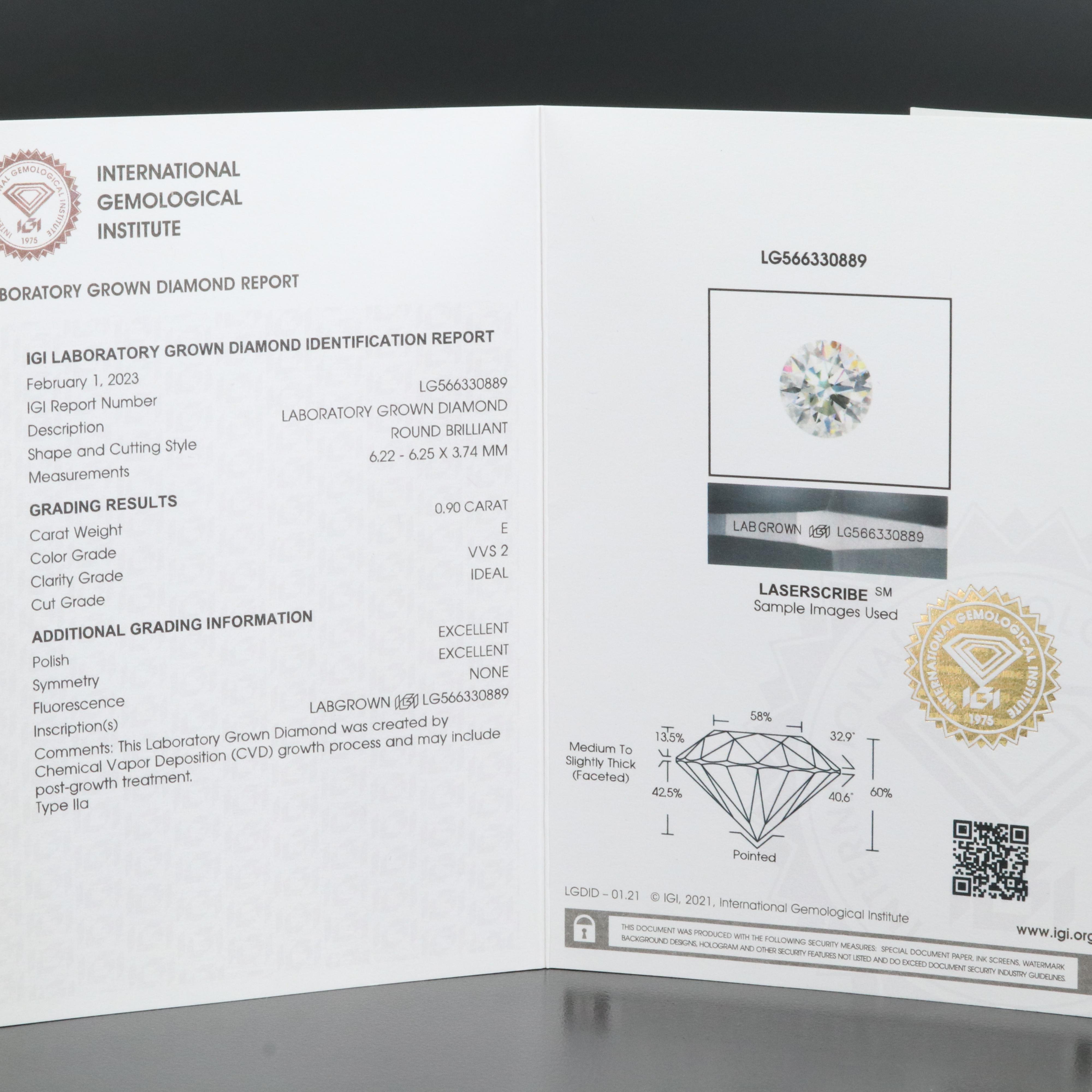 Loose 0.90 CT Lab Grown Diamond with IGI Report