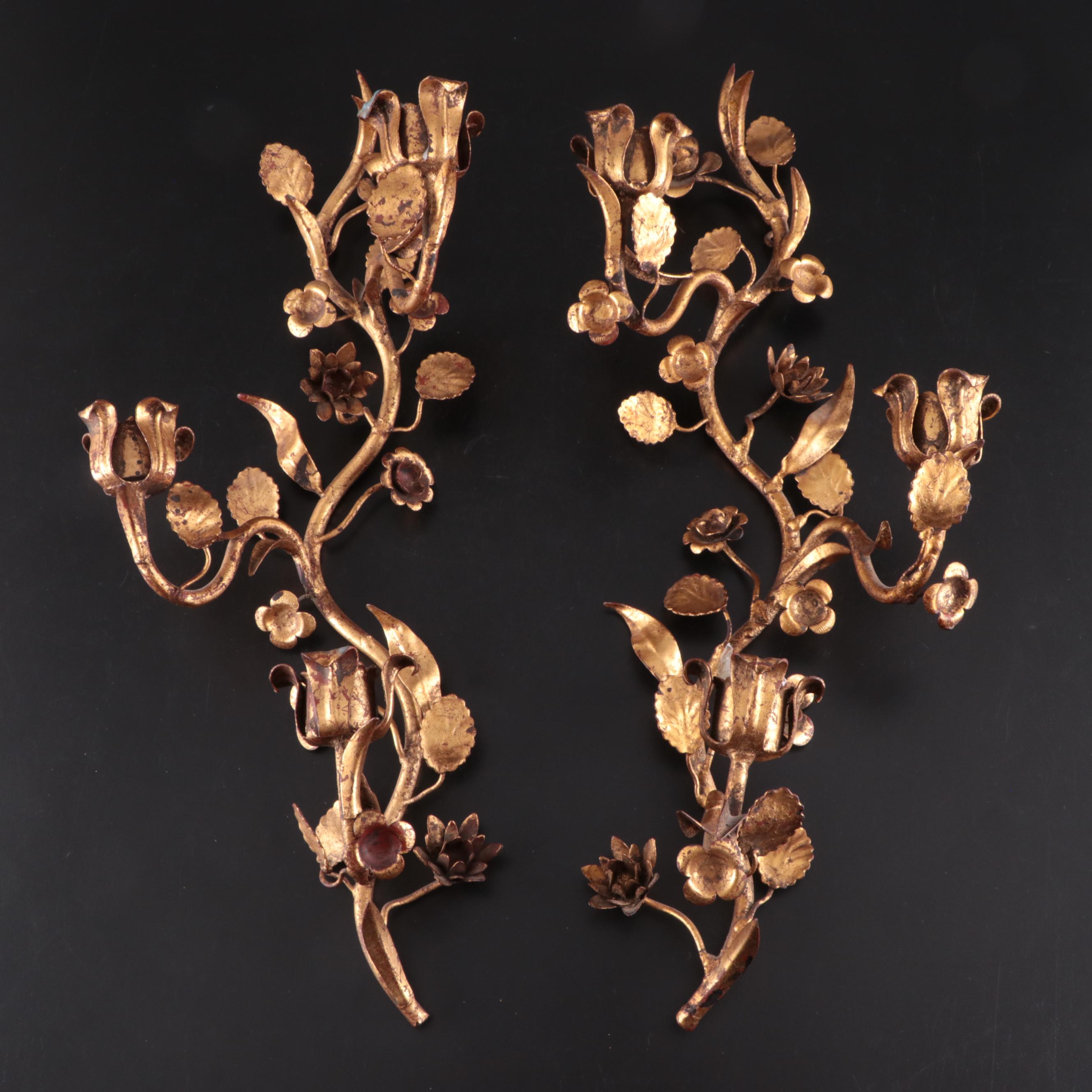 Italian Gilt Toleware Candle Scones, Mid to Late 20th Century